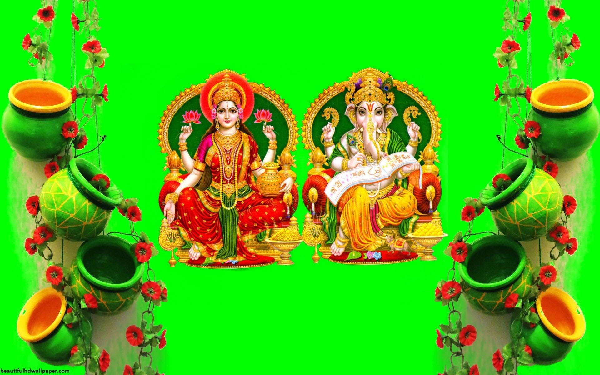 Lakshmi 桌布 壁紙 — 兩位印度教神祇端坐在金色寶座上，背景是明亮的綠色，裝飾著掛盆和紅花。
