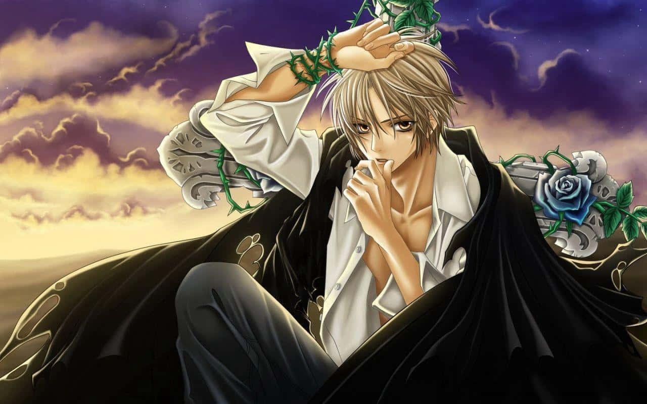 兩位可愛動漫男孩並肩欣賞夕陽 壁紙 — 一位金髮動漫男性，身穿黑色斗篷和白色襯衫，在帶有紫色雲朵和藍色玫瑰的暮色天空下沉思地坐著。