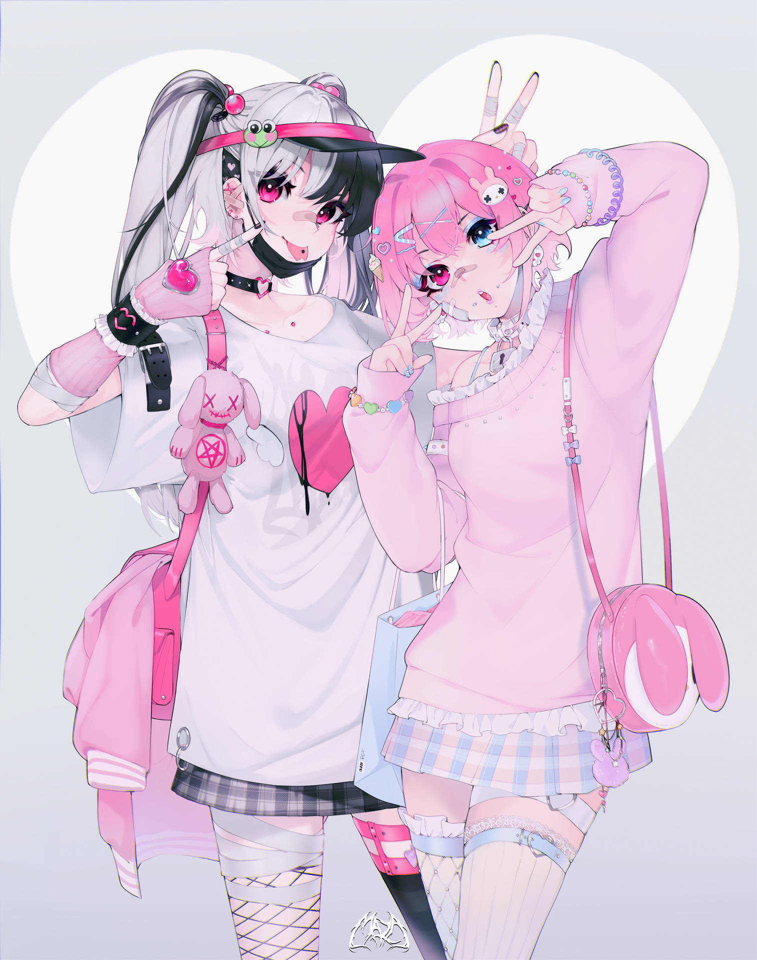 兩個穿著粉紅色服裝的動漫女孩擺出和平手勢。