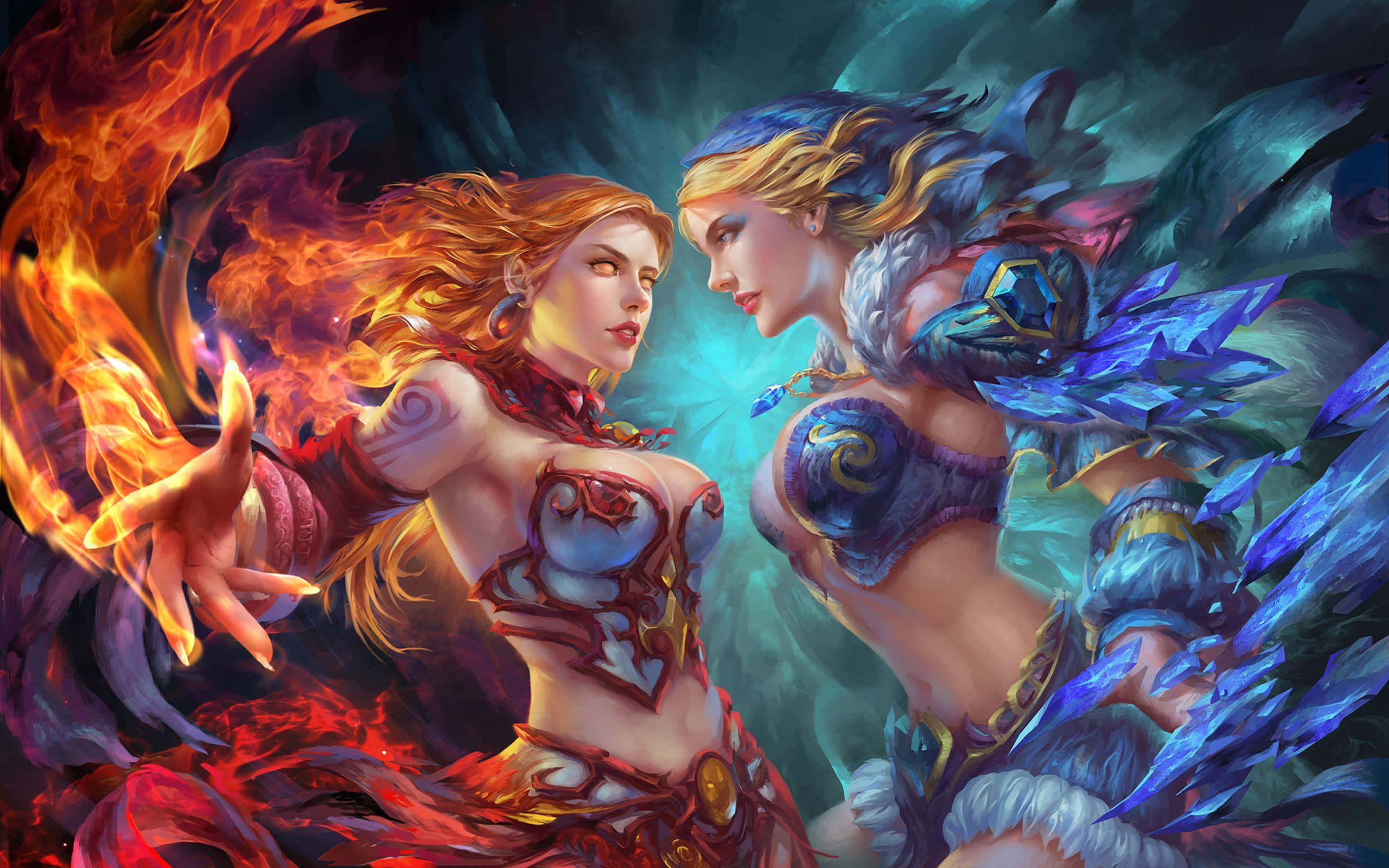 Crystal Maiden 桌布 壁紙 — 兩位奇幻女性對峙——一位操控火焰，另一位操控冰霜——在黑暗旋轉的背景前進行一場戲劇性的魔法決鬥。