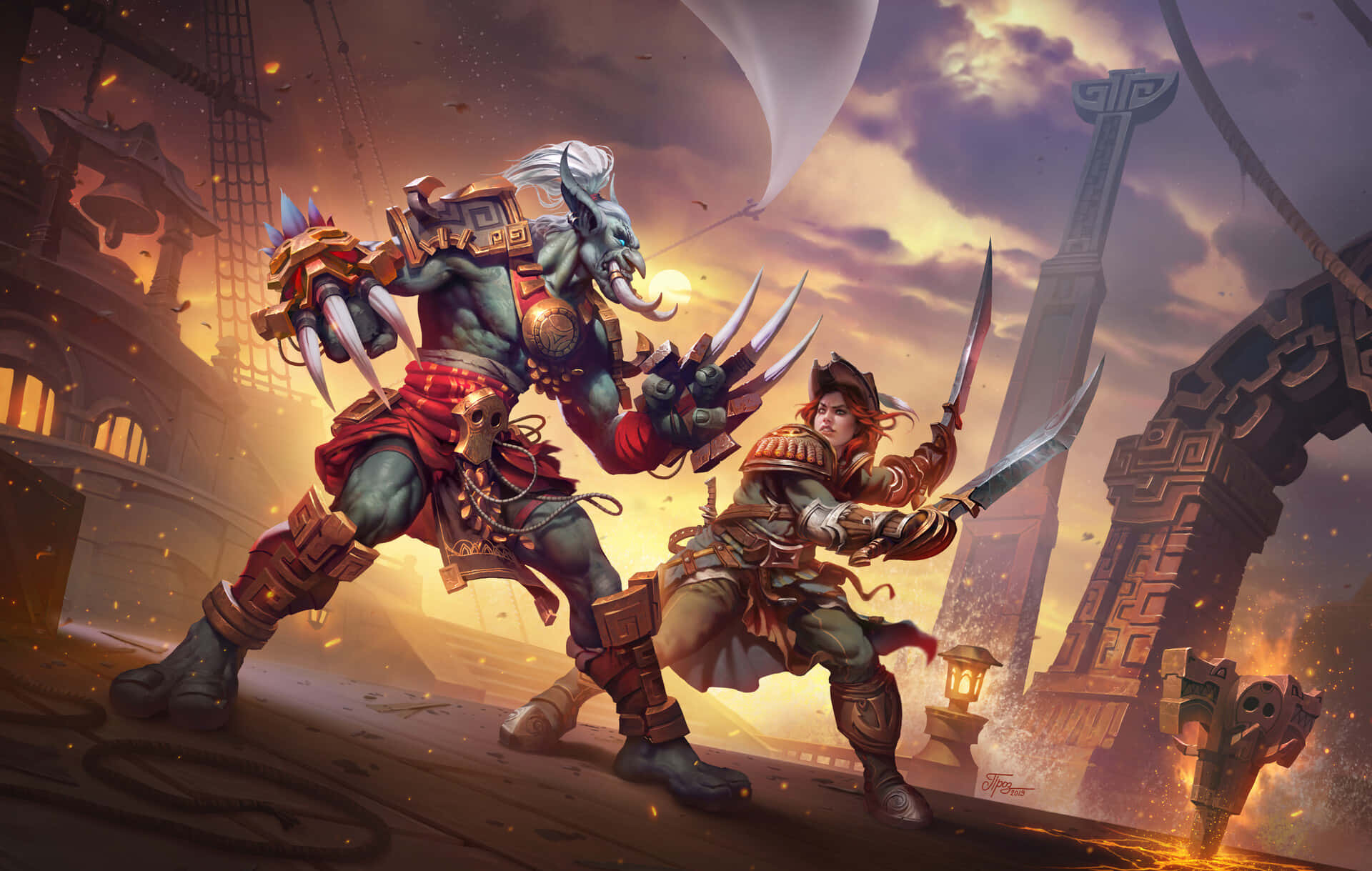 World Of Warcraft Races 桌布 壁紙 — 兩位奇幻戰士在戲劇性的日落天空下，於燃燒的古代廢墟中交鋒。