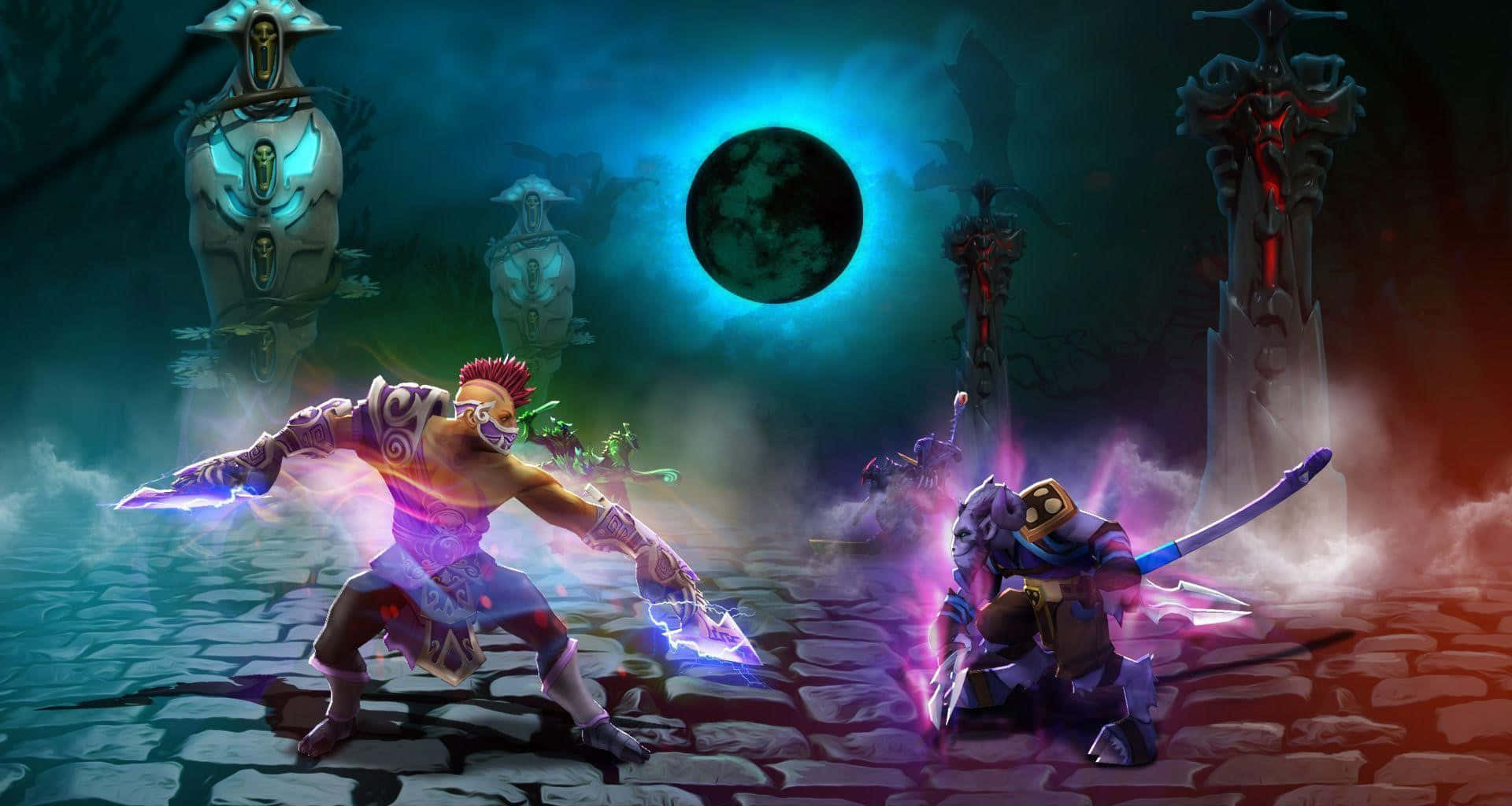 Anti-mage 桌布 壁紙 — 兩位奇幻戰士在神秘競技場中，在發光的月亮下與古老的石柱碰撞。