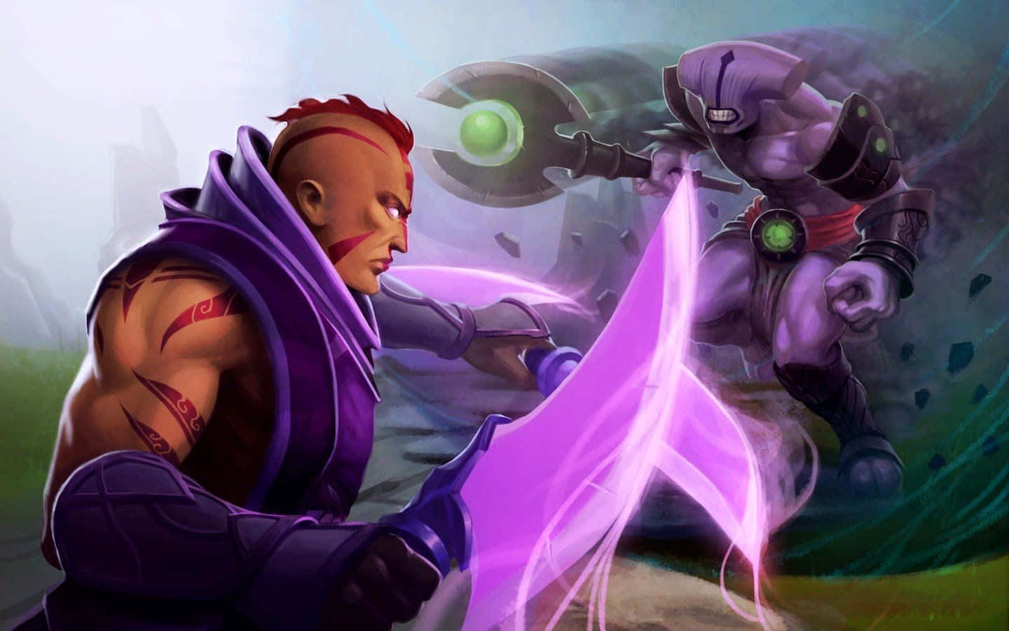 Faceless Void 桌布 壁紙 — 兩位奇幻戰士在迷霧背景下，手持紫色發光能量武器進行激烈戰鬥。