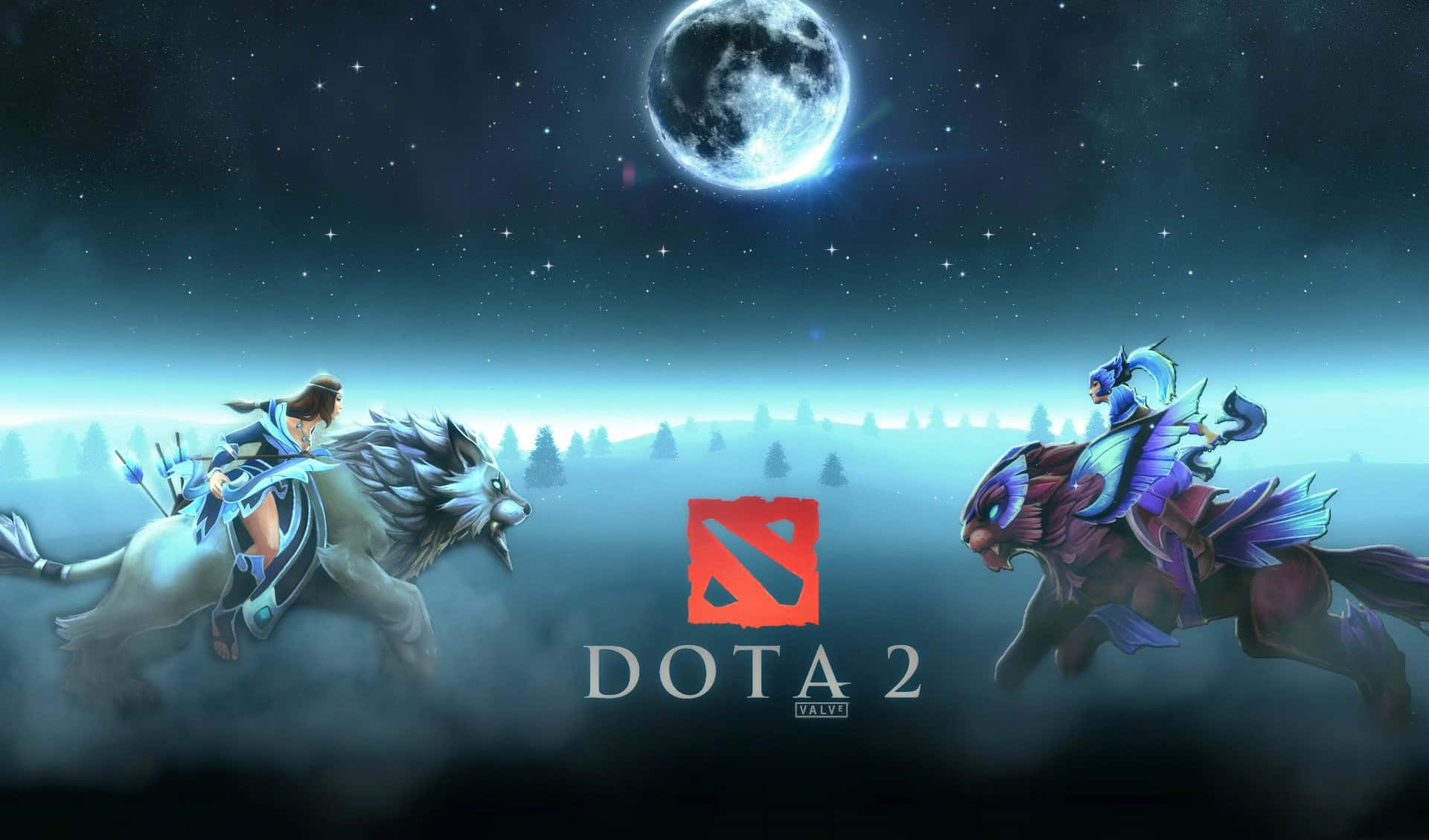 Mirana 桌布 壁紙 — 兩位奇幻英雄騎著神話野獸，在發光的月亮下於迷霧森林中互相衝鋒。