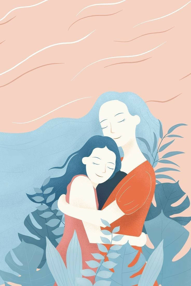 Mothers Day 桌布 壁紙 — 兩位女士在柔和的粉紅色背景上，於流動的藍色樹葉中熱情擁抱。