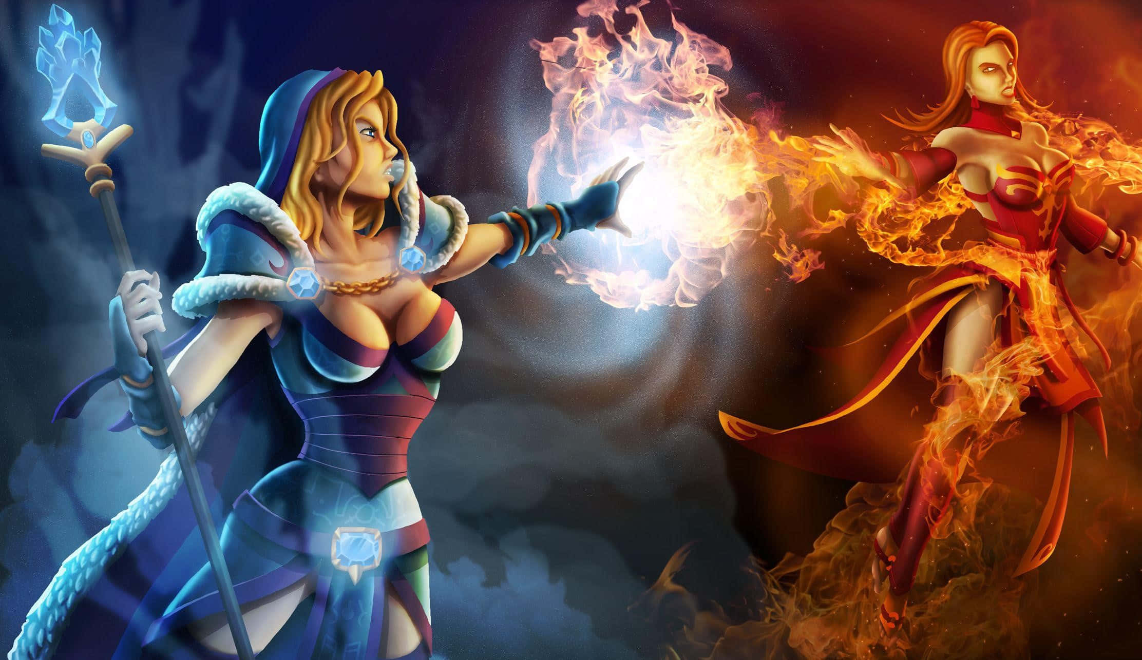 Crystal Maiden 桌布 壁紙 — 兩位女性奇幻戰士交鋒——一位使用冰魔法，另一位使用火魔法——以黑暗風暴背景為襯托。