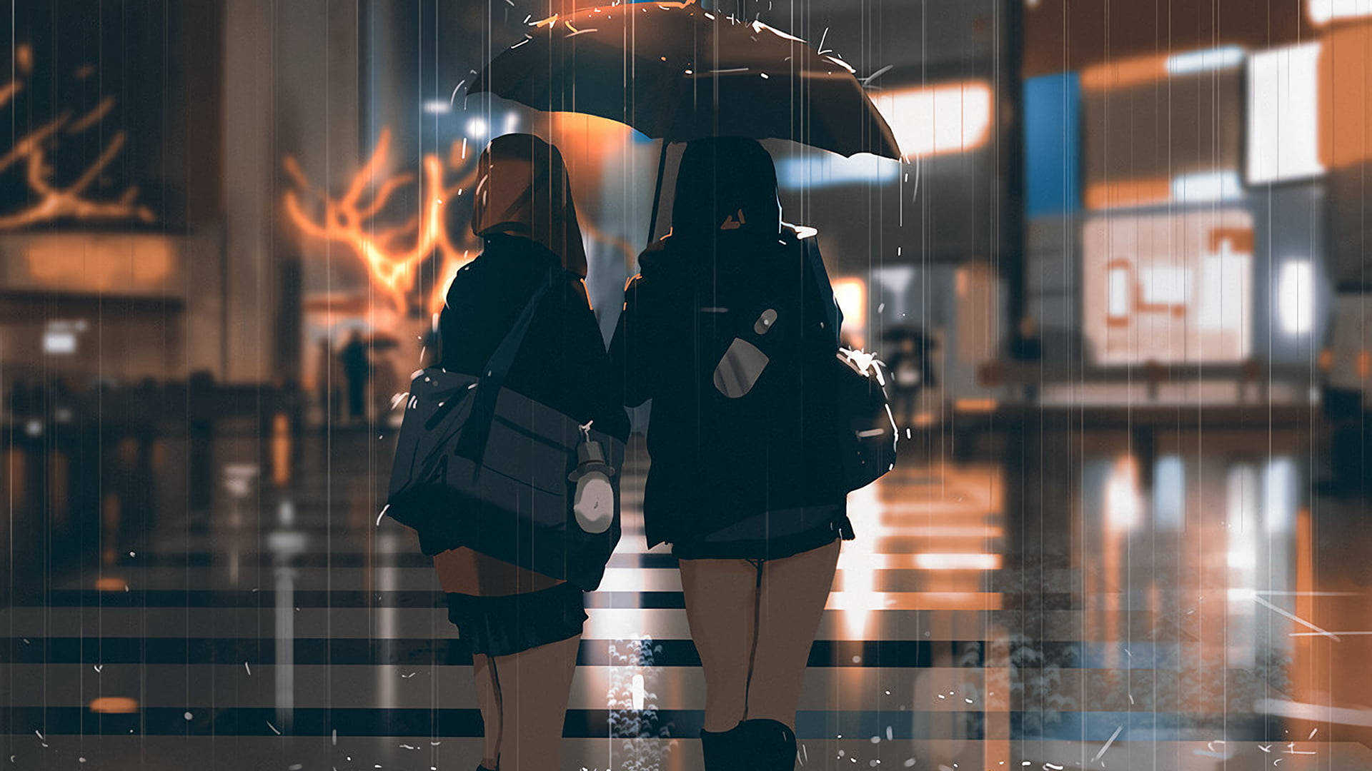 兩個人在夜晚的城市街道上雨中撐傘行走。