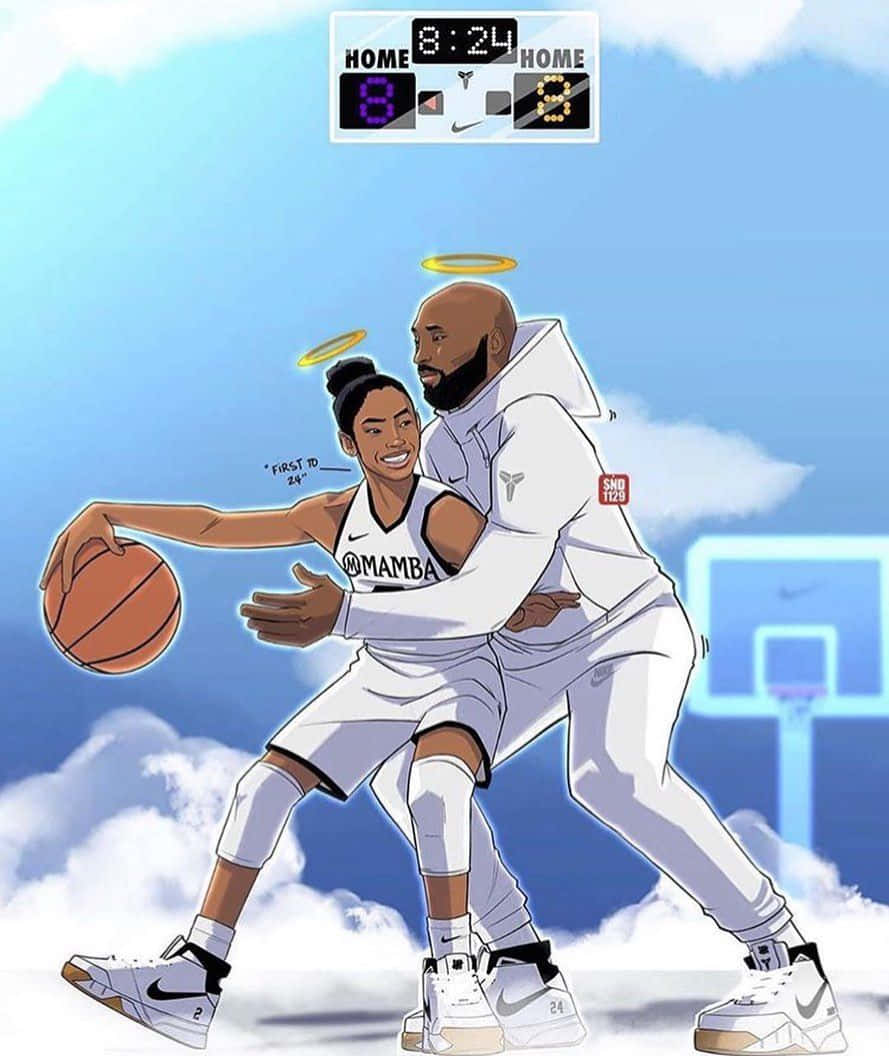 Kobe And Gigi 桌布 壁紙 — 兩位帶有光環的籃球運動員在天堂打球，記分牌顯示8比9。