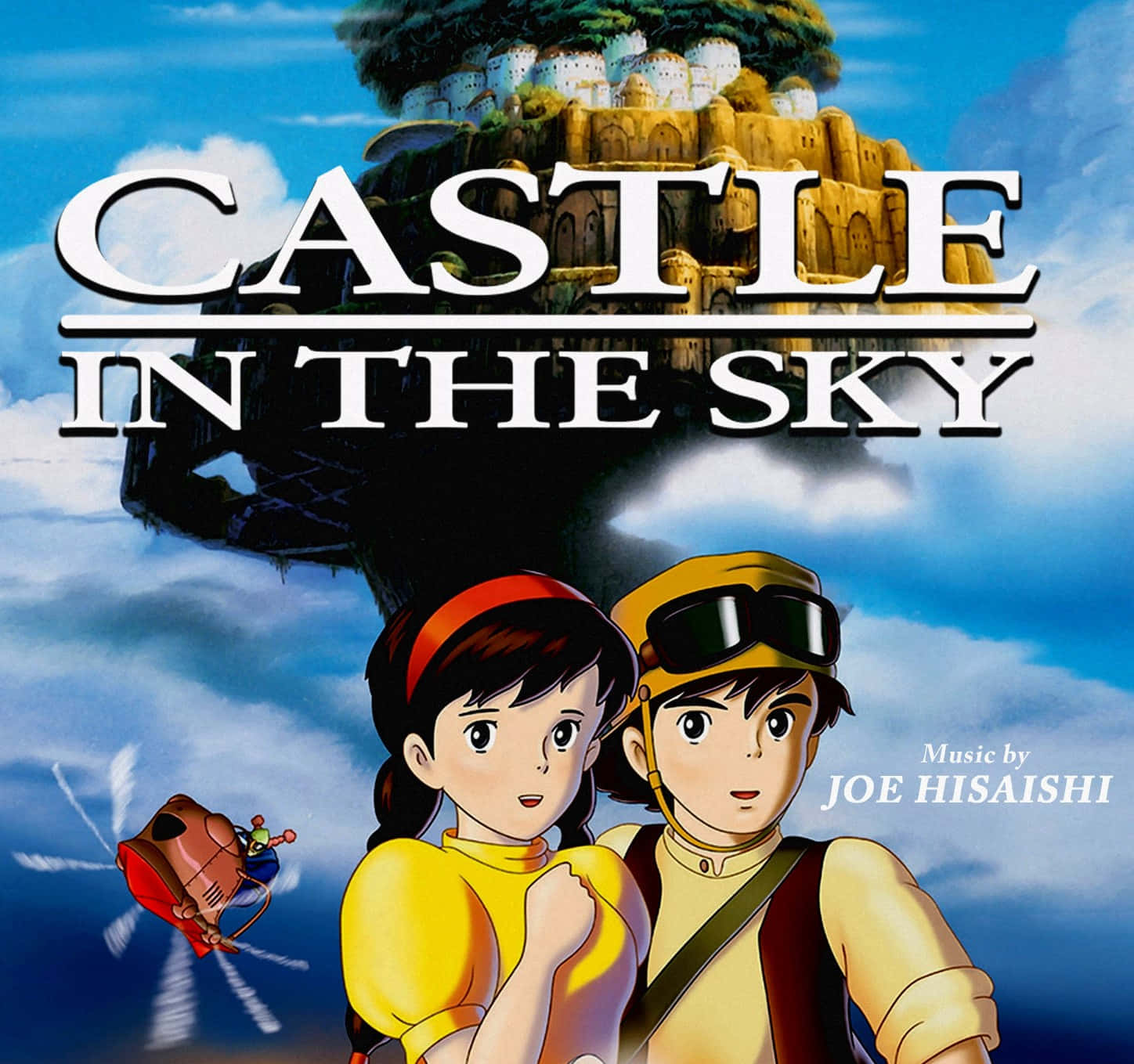Castle In The Sky 桌布 壁紙 — 兩位年輕冒險家仰望懸浮在晴朗藍天和 fluffy 雲朵中的漂浮城堡。