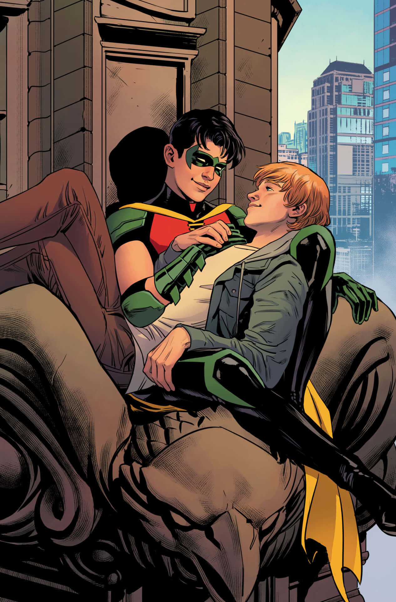 Tim Drake 桌布 壁紙 — 兩位年輕的超級英雄在石像頂端溫柔擁抱，背景是高聳的城市摩天大樓。