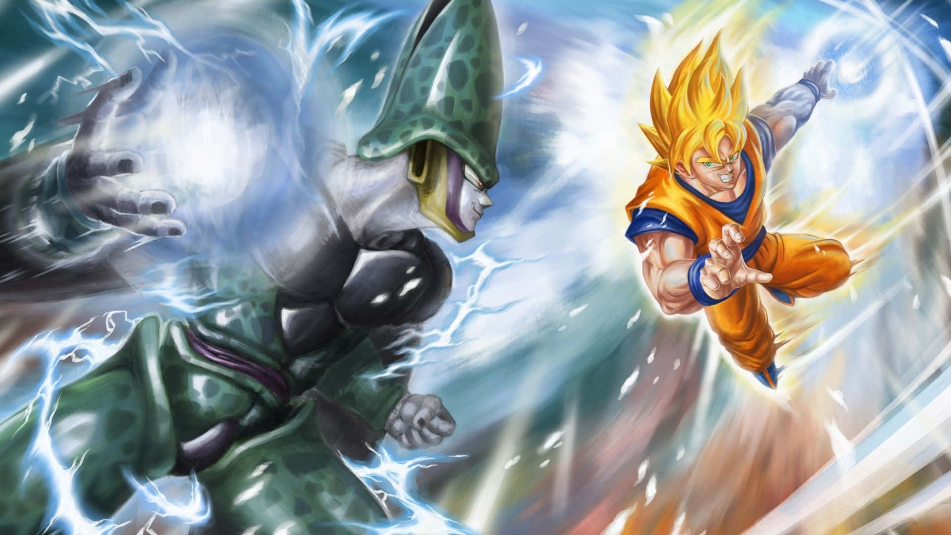 Dragon Ball Z Characters 桌布 壁紙 — 兩位強大的動漫戰士在半空中碰撞，伴隨著噼啪作響的能量和動態的動作線條。