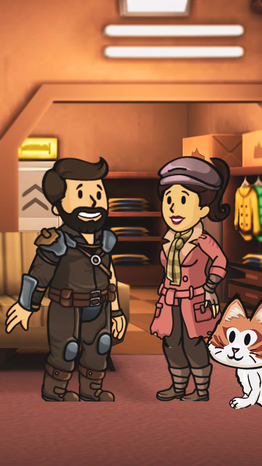 Fallout Shelter 桌布 壁紙 — 兩位微笑的卡通冒險家穿著末日後裝備，與一隻貓站在溫暖照明的商店裡。