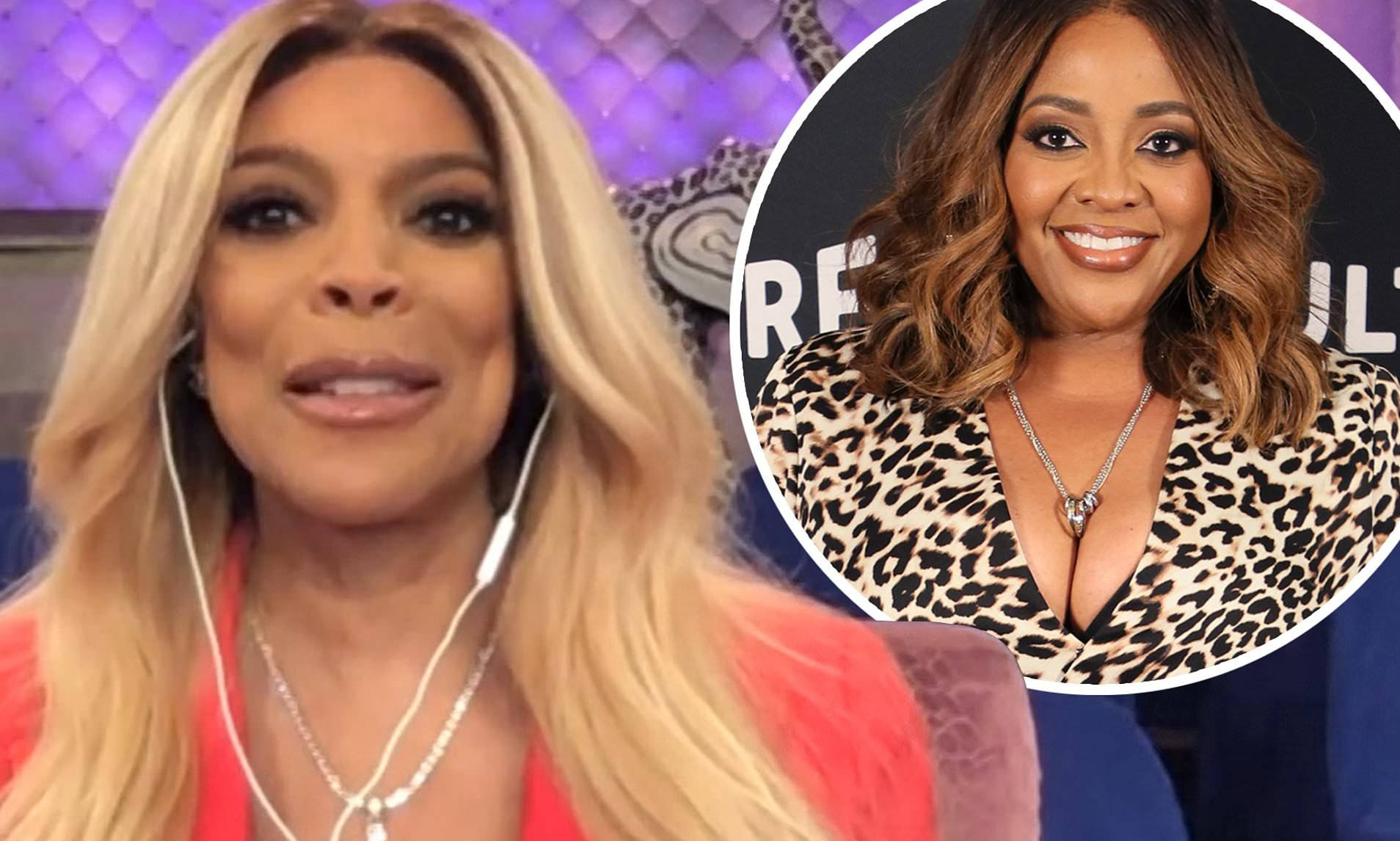 Wendy Williams About Sherri Shepherd 壁紙 — 兩位微笑的女性，一位金髮戴耳塞穿粉紅色上衣，另一位棕髮穿豹紋上衣。