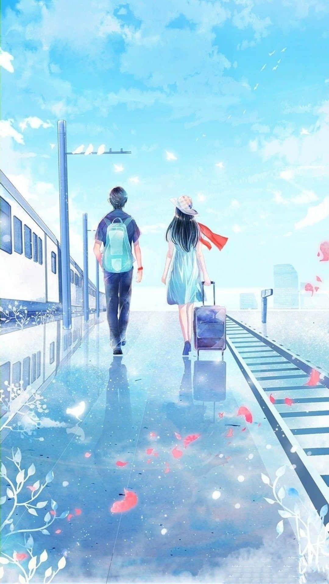 一對情侶帶著行李在藍天下，花瓣飄落，走向火車。