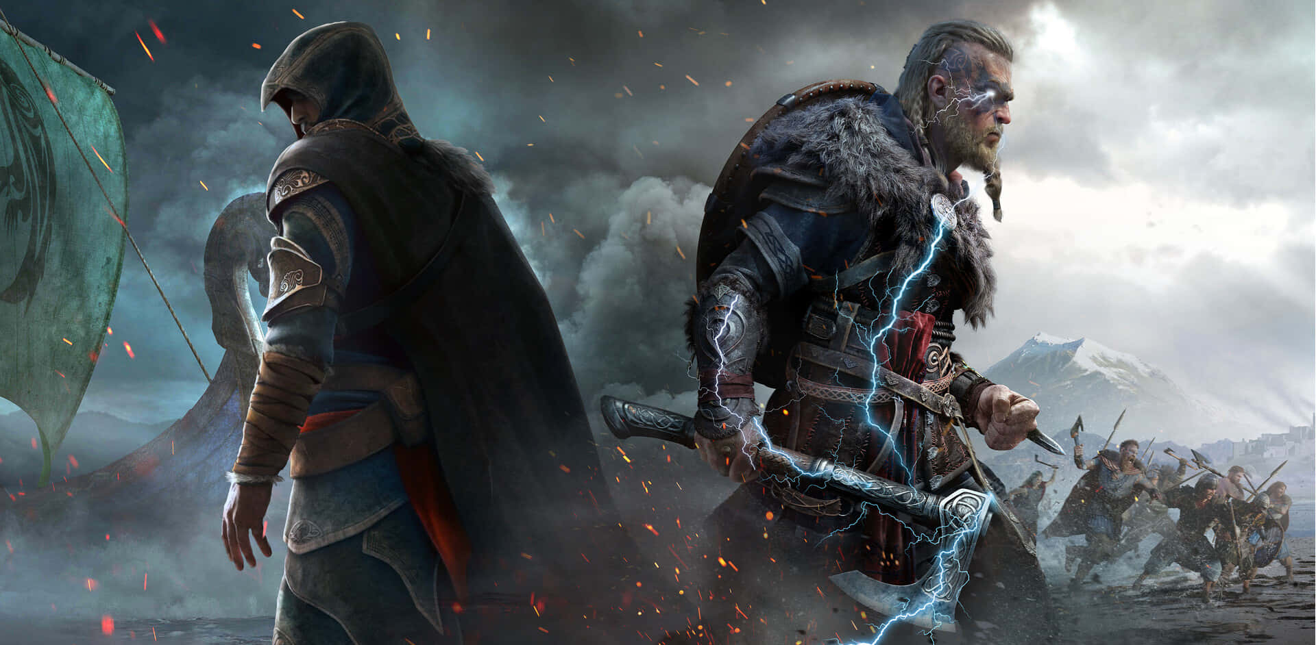 Ezio Auditore 桌布 壁紙 — 兩位戰士在暴風雨戰場上交鋒，其中一人揮舞著閃電強化的劍，火花在他們周圍飛舞。