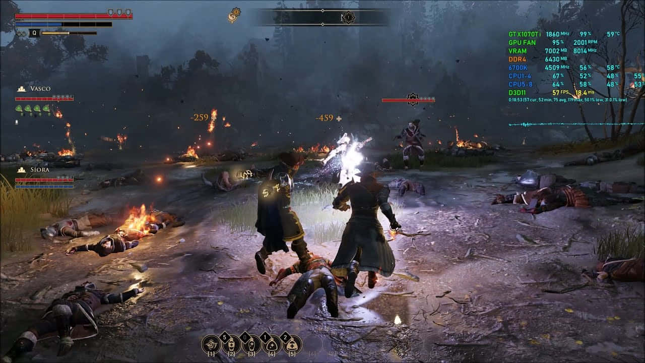 Greedfall 桌布 壁紙 — 兩位戰士在陰暗的天空下，於散落著屍體和閃爍營火的黑暗森林戰場上交鋒。