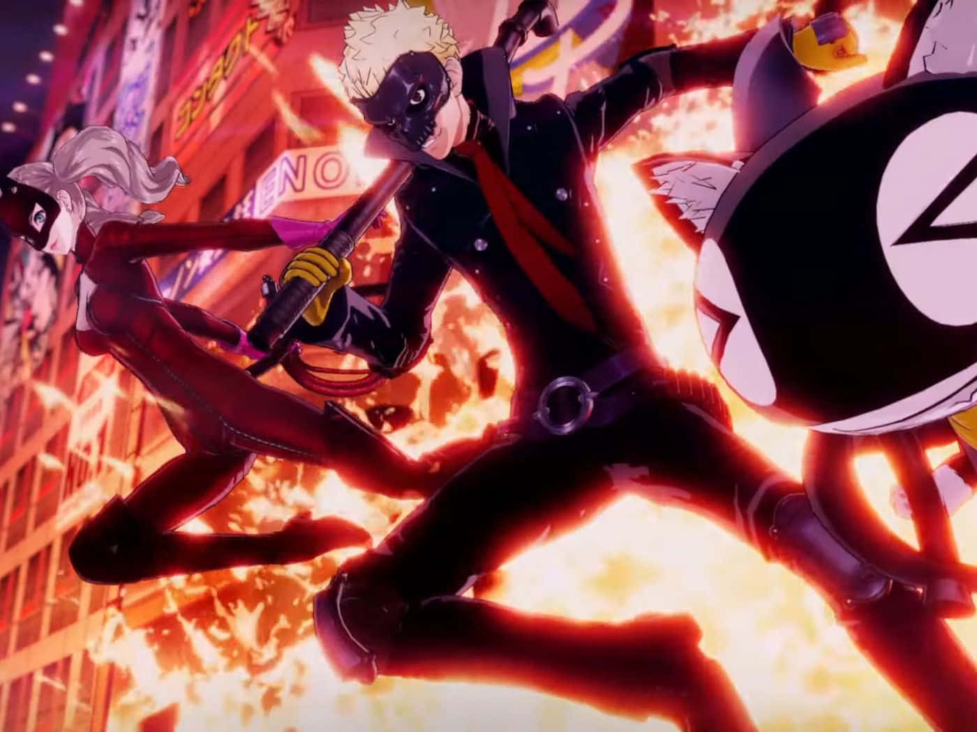 Persona 5 Strikers 桌布 壁紙 — 兩位戴面具的動漫英雄跳過一條燃燒的城市小巷，身後霓虹燈閃爍。