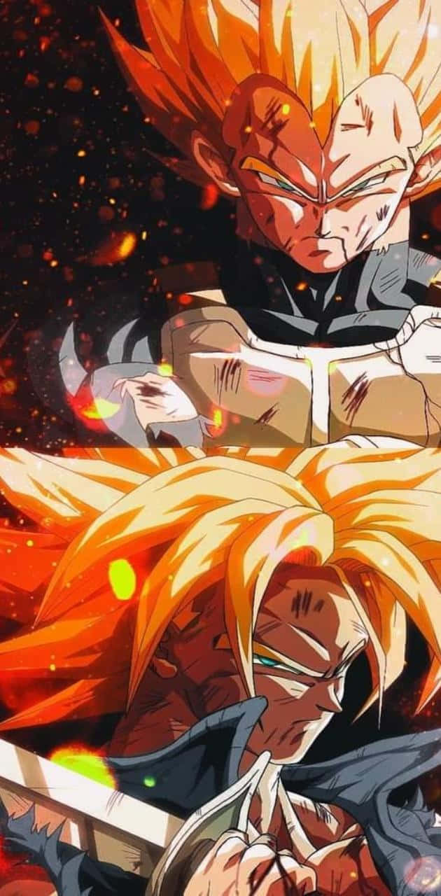 Vegeta And Trunks 桌布 壁紙 — 兩位擁有尖刺橙色頭髮的動漫戰士在黑暗的宇宙背景下展開激烈的戰鬥。