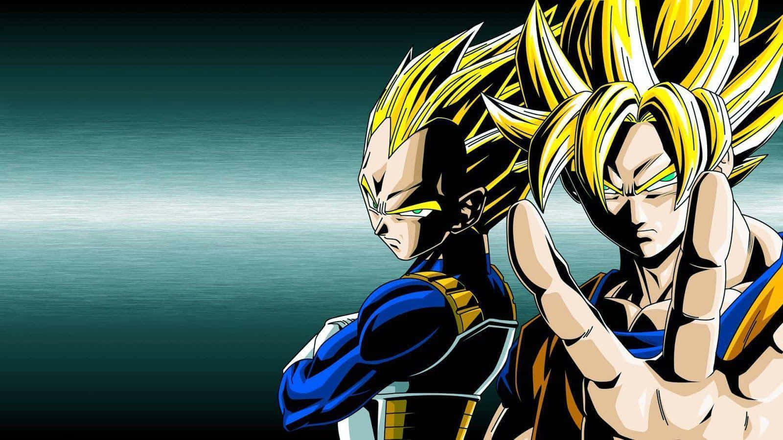 Dragon Ball Xenoverse 桌布 壁紙 — 兩位擁有尖刺金色頭髮的動漫戰士，側面站立在青綠色漸變背景前，其中一人做出手勢。