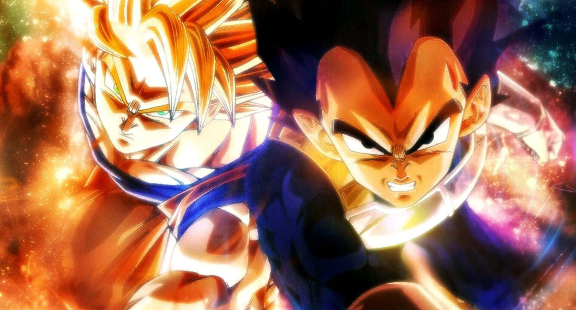 Vegeta And Goku 桌布 壁紙 — 兩位擁有尖刺頭髮的強大動漫戰士，在宇宙爆炸背景下強烈發光。