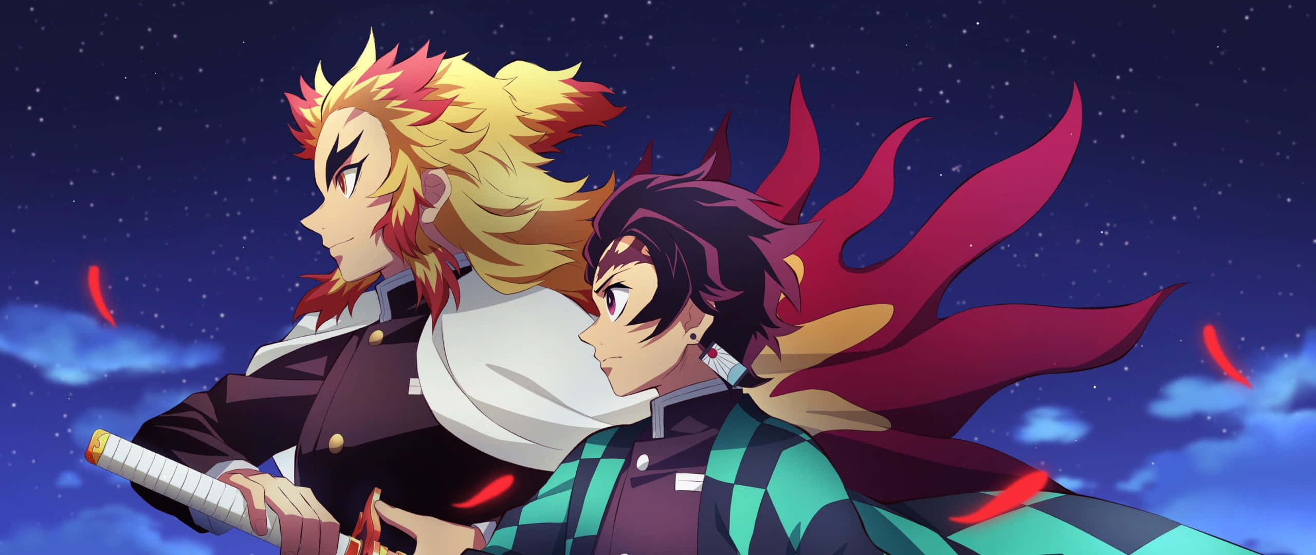 Rengoku And Tanjiro 桌布 壁紙 — 兩位擁有火焰般頭髮的動漫戰士，在星空下並肩而立，手持劍刃。