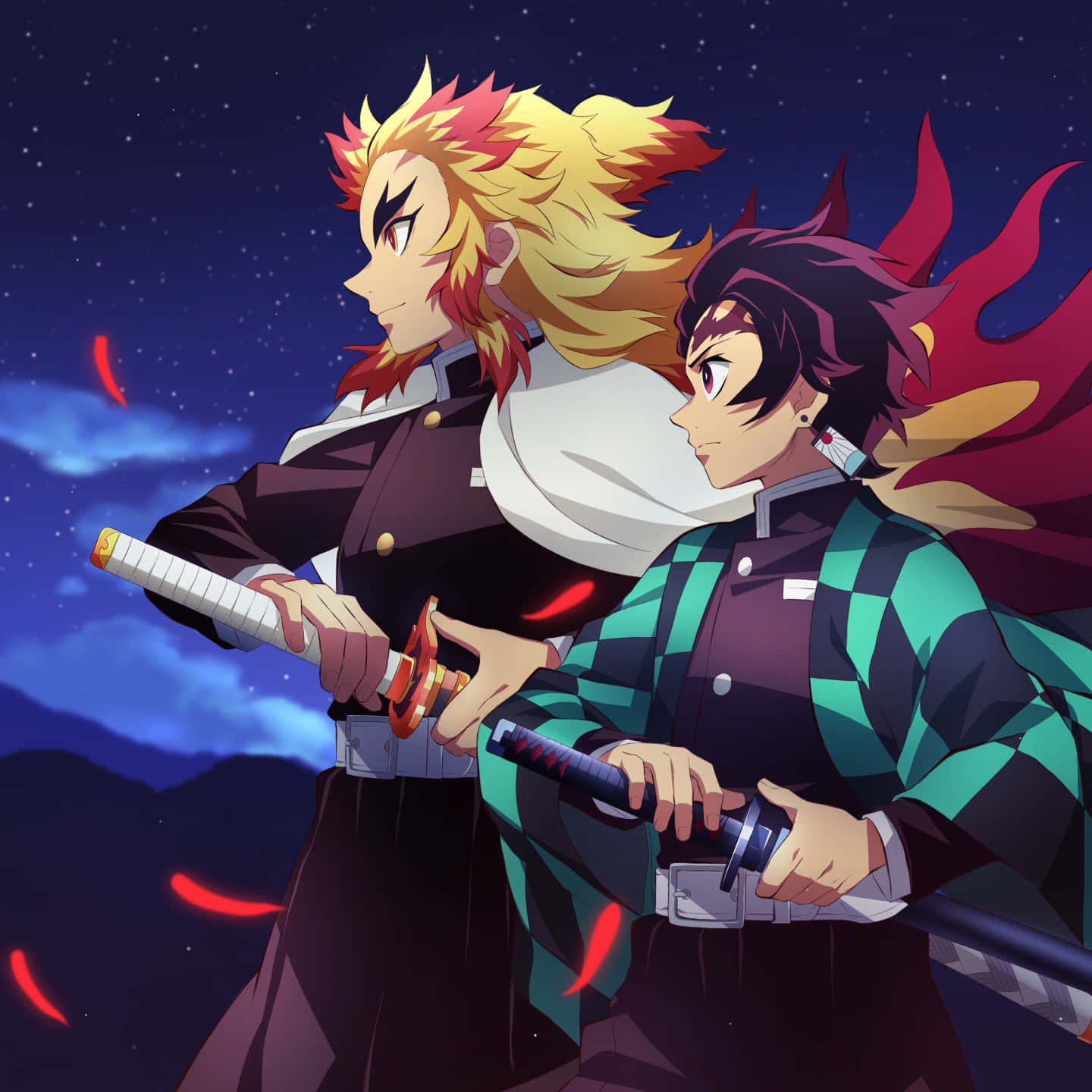 Rengoku And Tanjiro 桌布 壁紙 — 兩位擁有火焰般頭髮的動漫戰士，在星空下並肩而立，手持劍刃，周圍環繞著紅色能量軌跡。