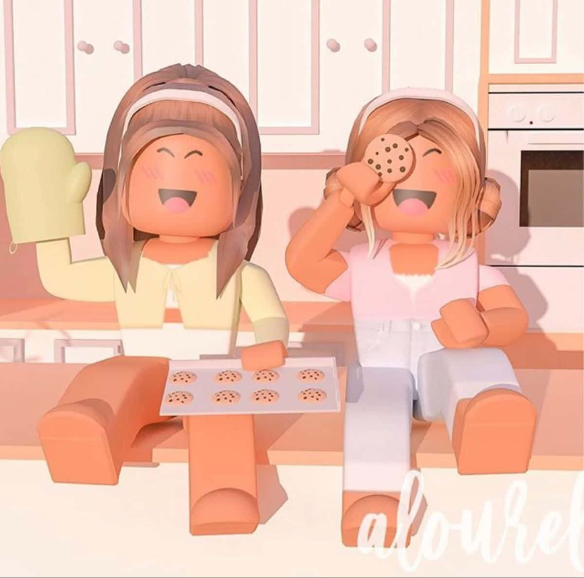 兩位最佳朋友一起玩Roblox！ 壁紙 — 兩個開心的 Roblox 角色在粉彩廚房裡戴著隔熱手套烤朱古力曲奇。