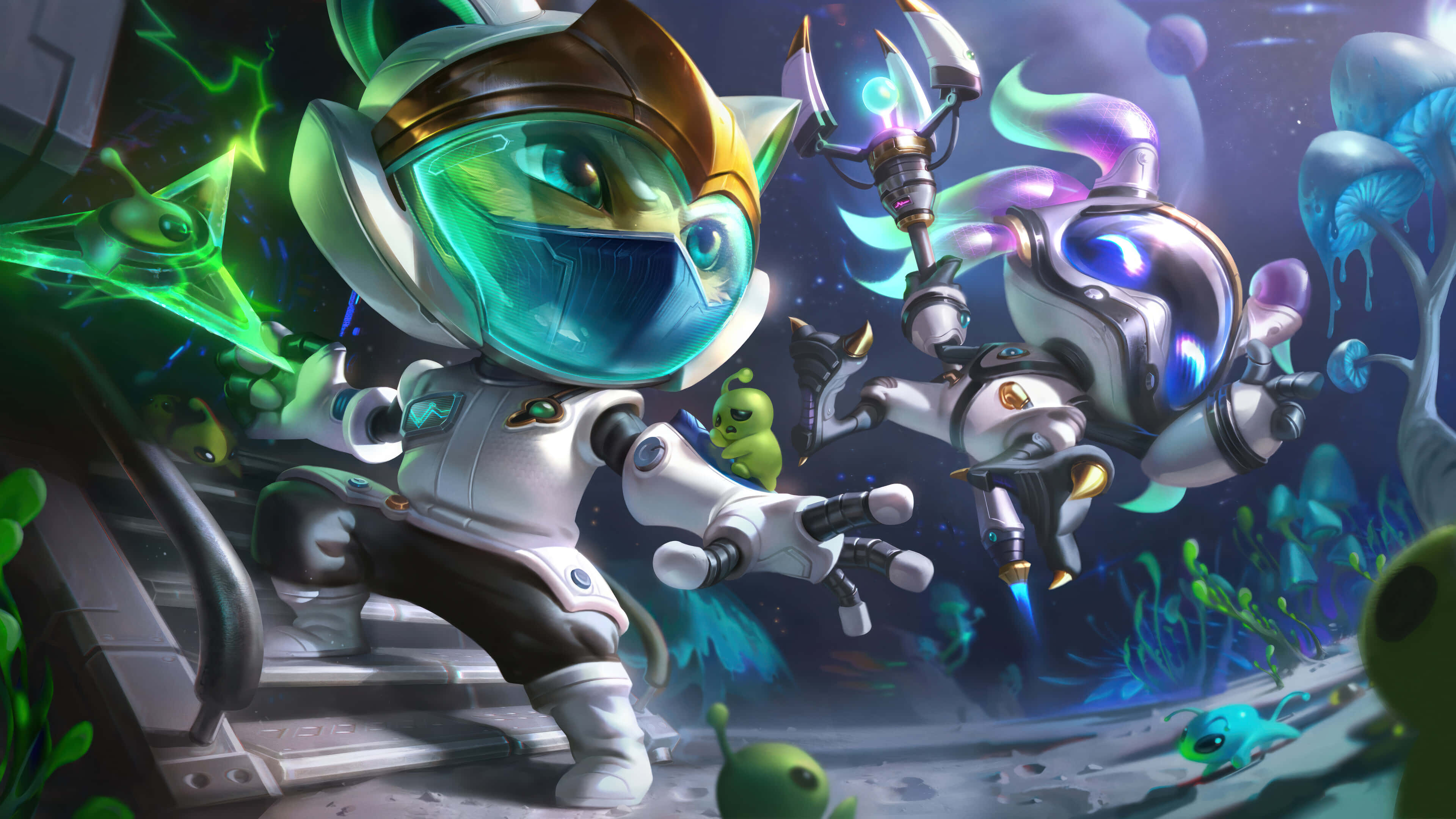 League Of Legends Champions 桌布 壁紙 — 兩位未來外星太空人在霓虹燈照亮的水下科幻場景中與發光生物戰鬥。