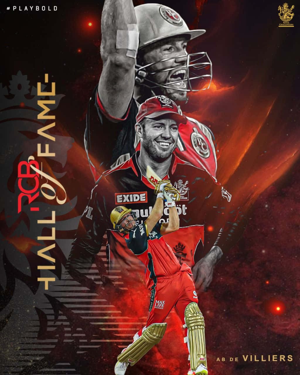 Rcb 桌布 壁紙 — 兩位板球運動員在熾熱的宇宙背景下擺出動作姿勢，並帶有「Hall of Fame」文字。