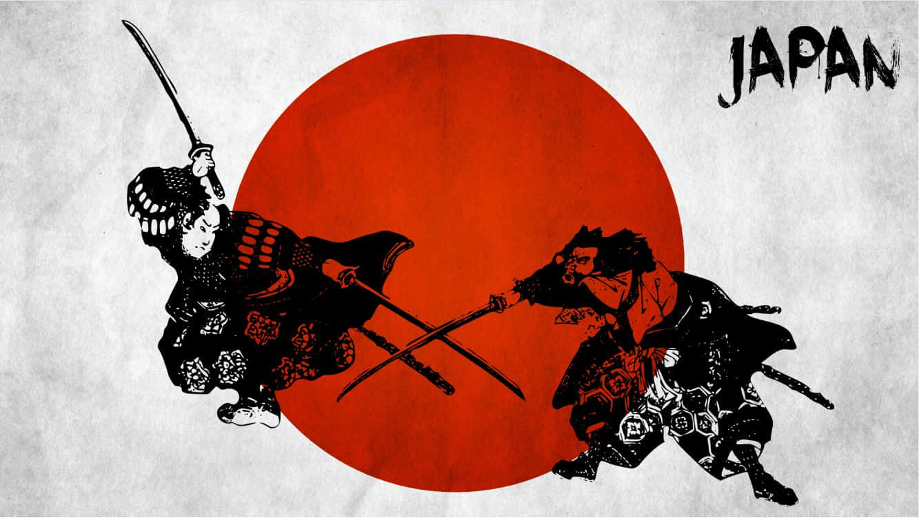 Ronin 桌布 壁紙 — 兩位武士在帶有紋理的白色背景前，於大膽的紅日與「JAPAN」文字前交劍。