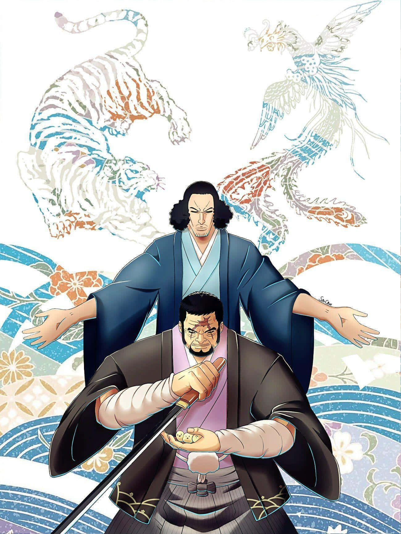 Aokiji 桌布 壁紙 — 兩位武士戰士在旋轉的波浪和神話中的老虎與鳳凰靈魂中，手持刀劍，以充滿活力的動漫風格站立。