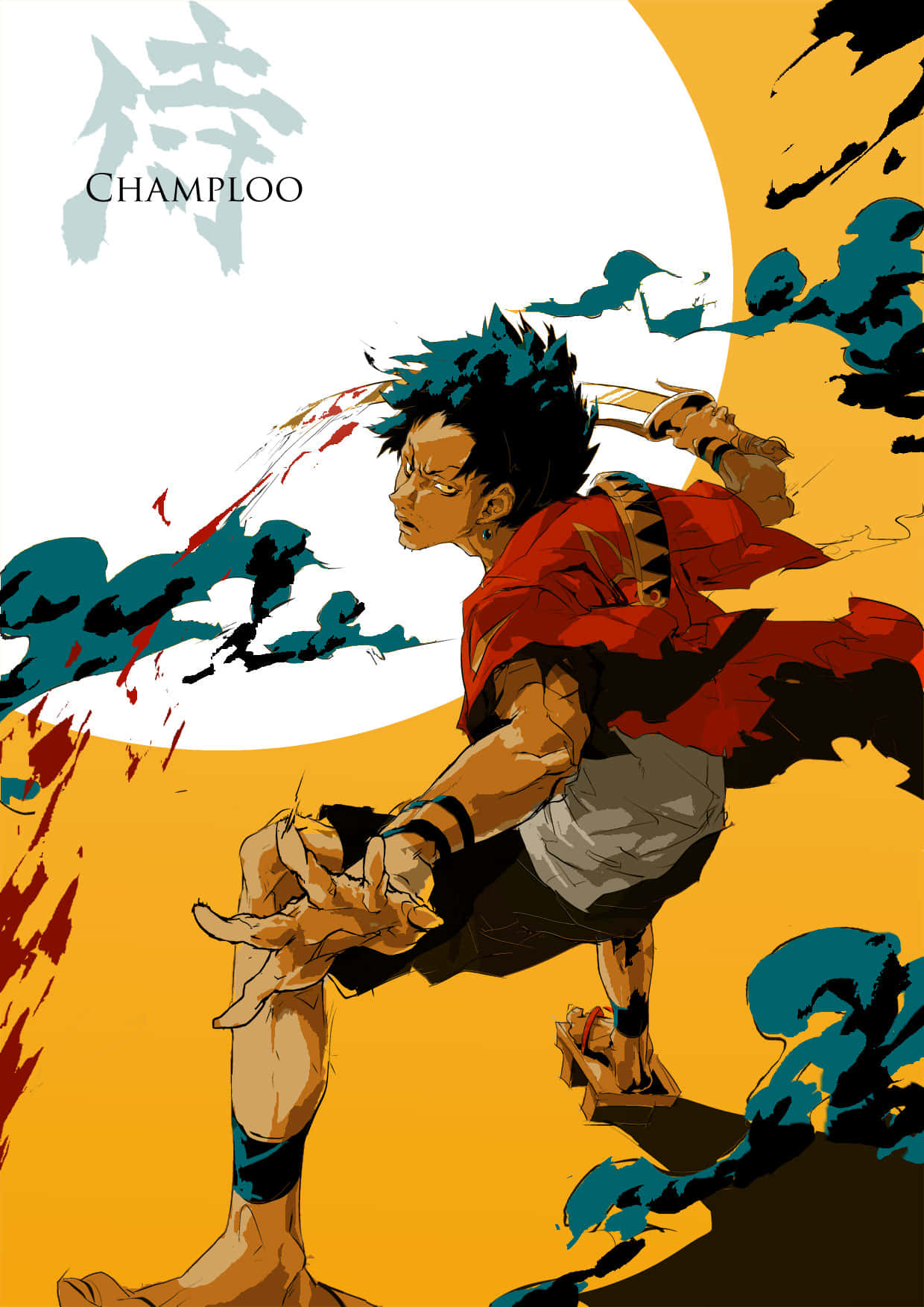 兩位武士的尋找之旅 壁紙 — 一位身穿紅色服裝的動態動漫戰士，拔劍向前躍進，背景為大膽的黃色和藍綠色。