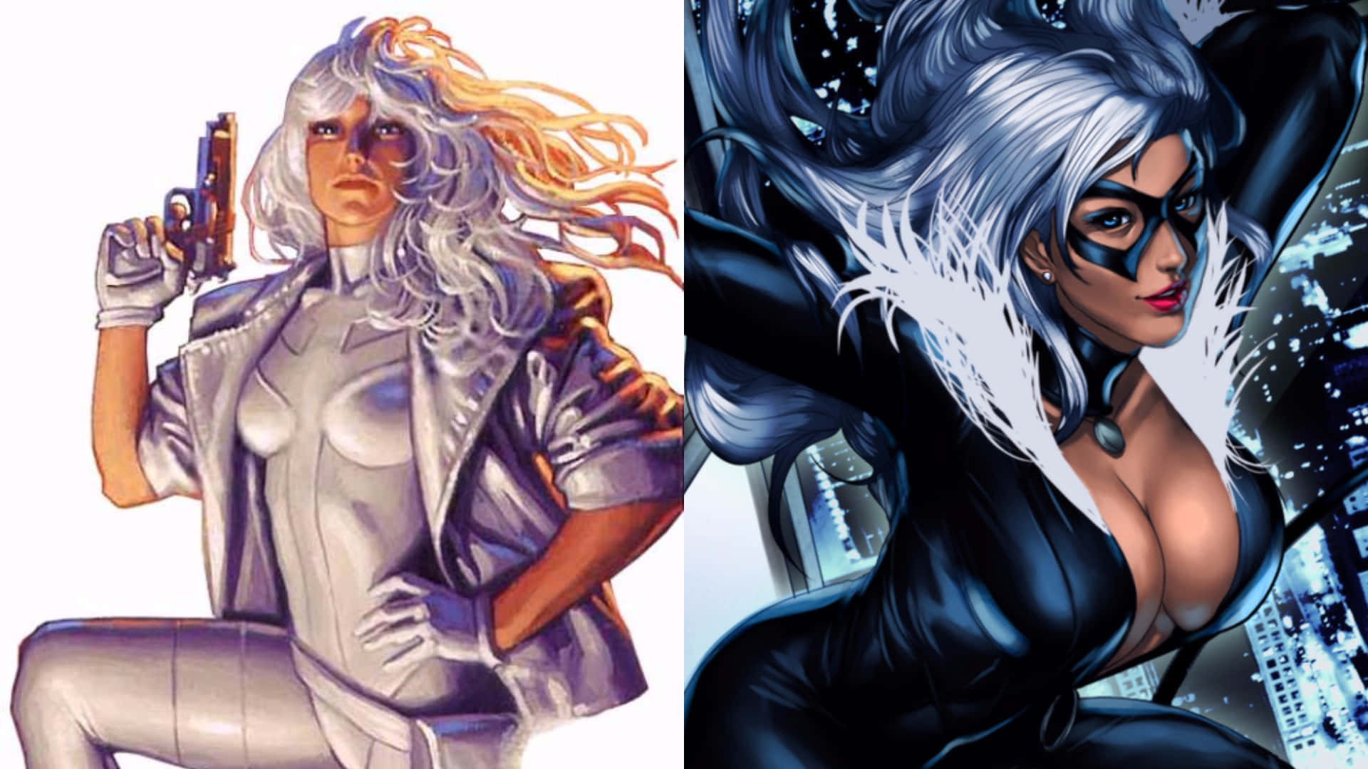 Silver Sable 桌布 壁紙 — 兩位漫畫女主角以動態姿勢呈現，一位銀髮持槍，另一位身穿黑色西裝、白髮，背景為城市。