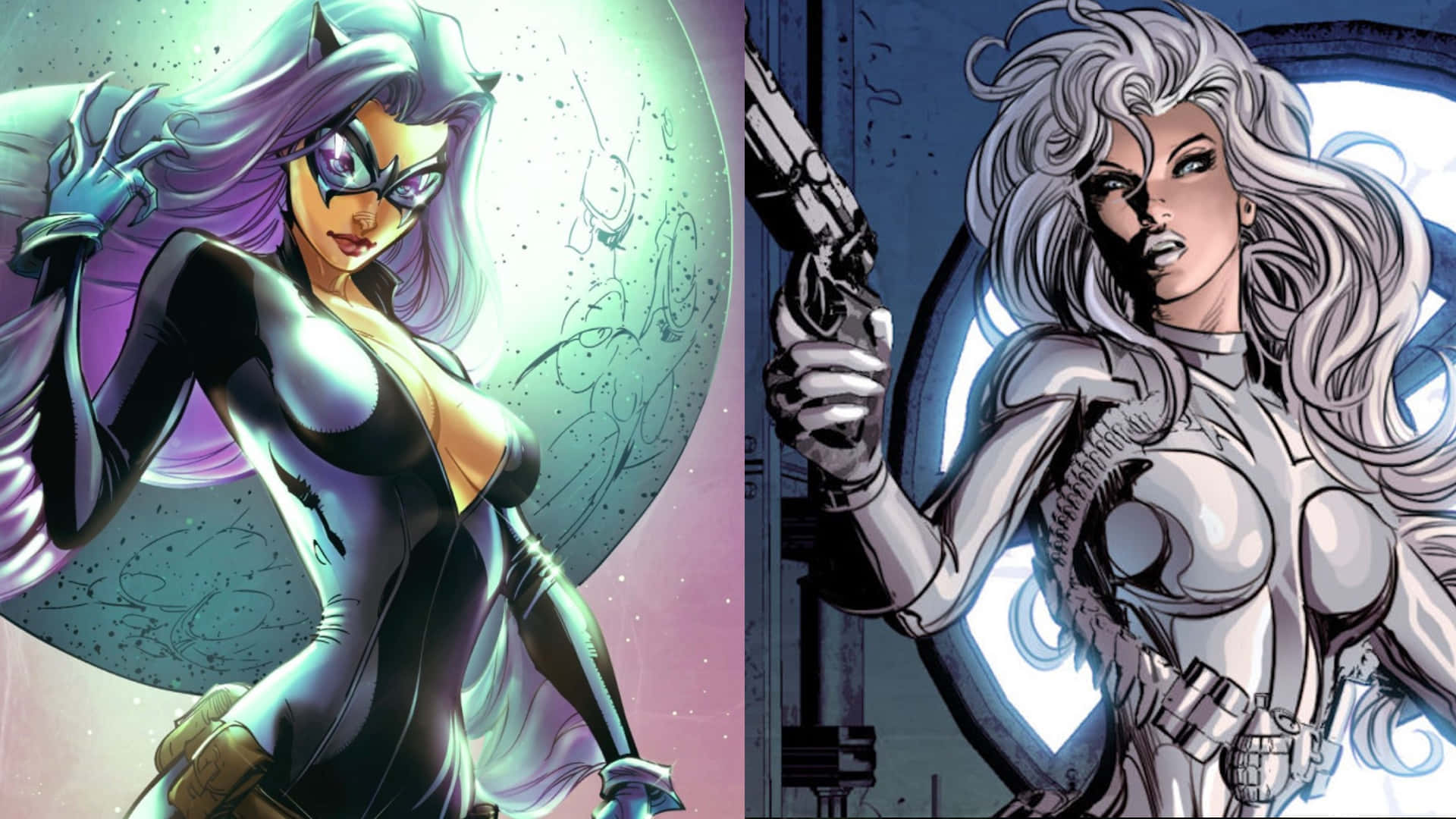 Silver Sable 桌布 壁紙 — 兩位漫畫書女英雄，一位身穿黑色貓女裝，紫色頭髮，另一位身穿銀色盔甲，手持槍支。