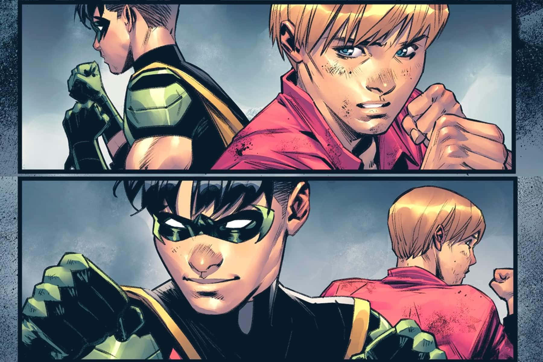 Tim Drake 桌布 壁紙 — 兩位漫畫英雄以動態姿勢和強烈表情，映襯著多雲的天空。