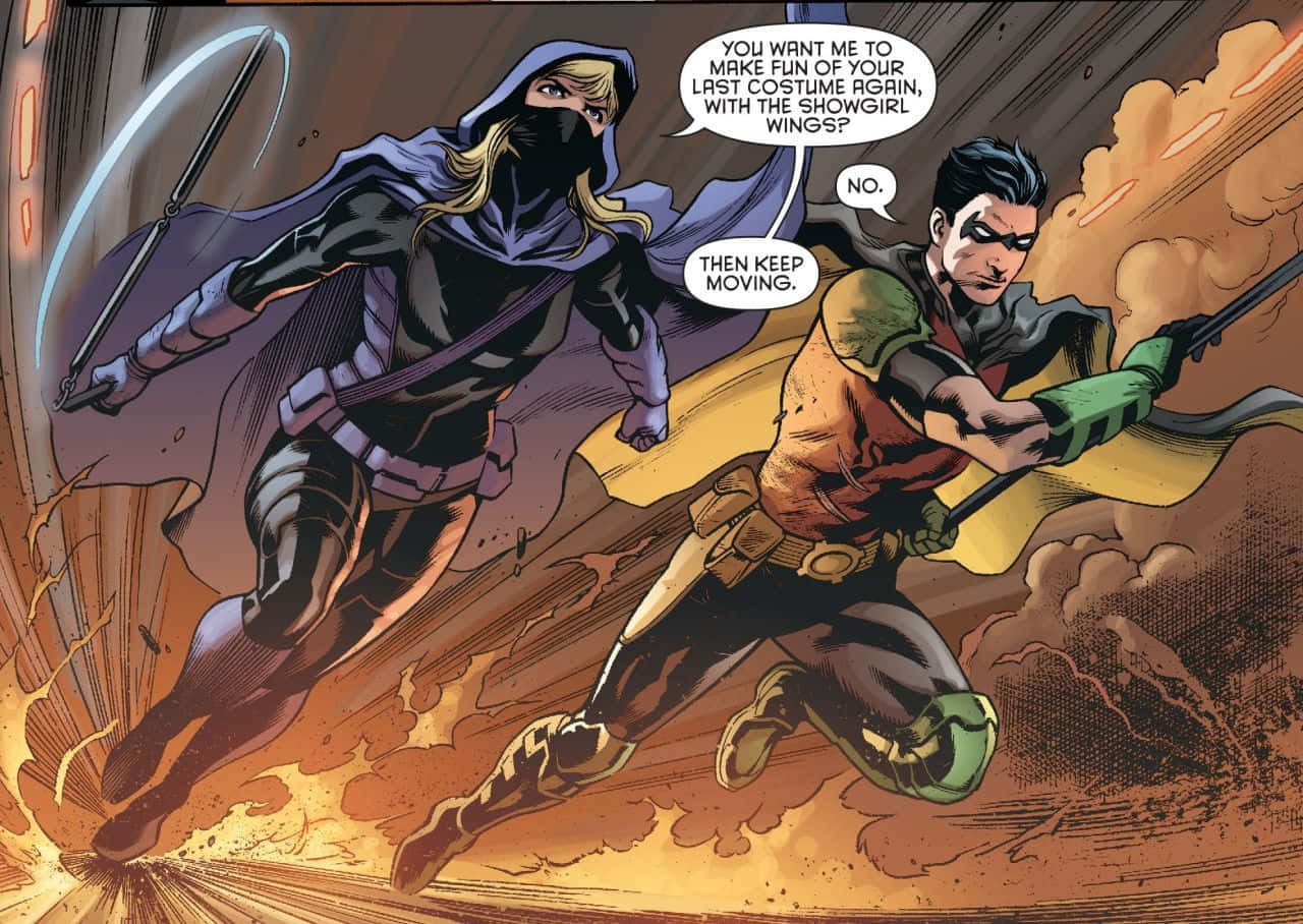 Tim Drake 桌布 壁紙 — 兩位漫畫英雄在動態飛行中穿過熾熱爆炸，帶有對話氣泡。