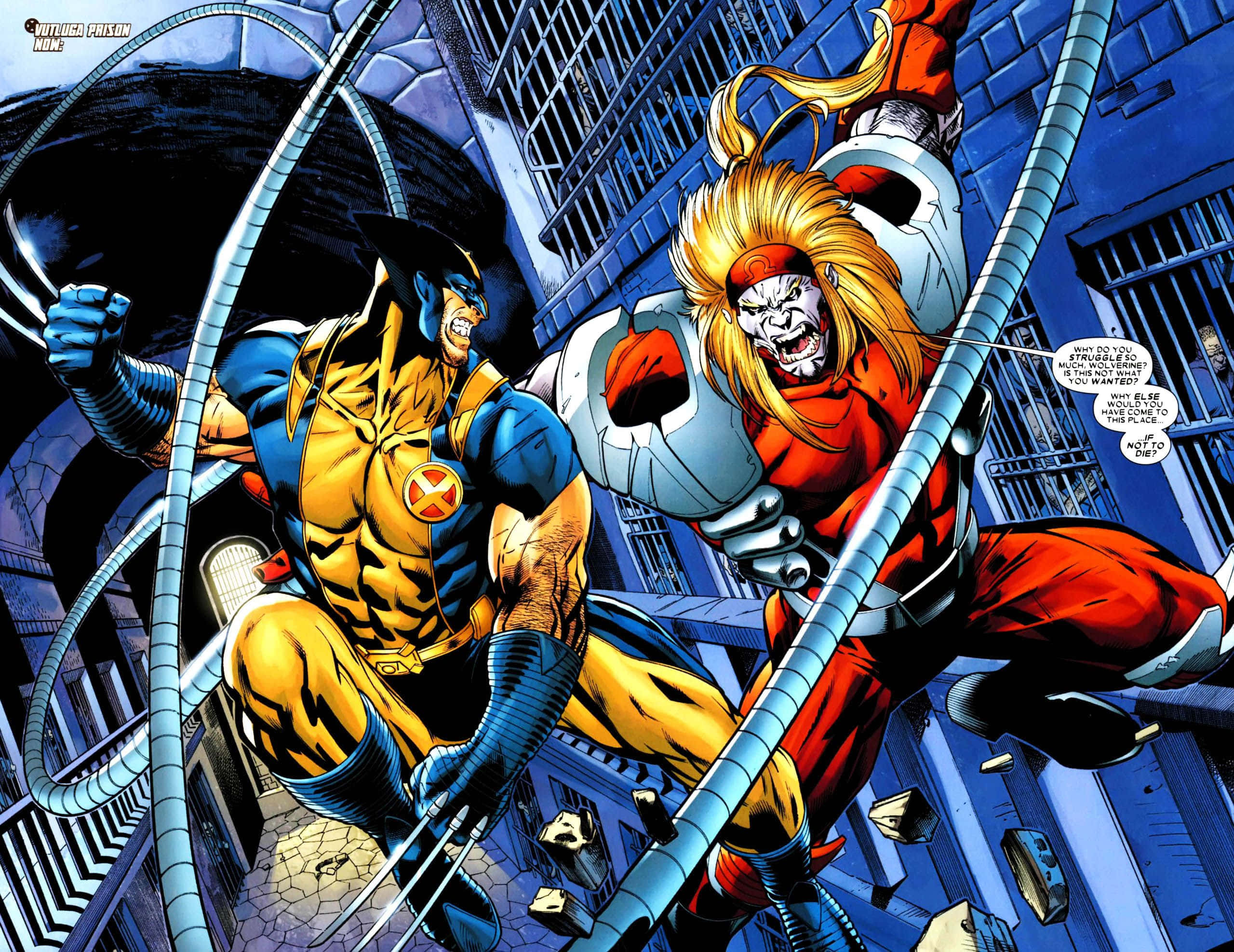 Omega Red 桌布 壁紙 — 兩位漫畫超級英雄在一條骯髒的城市小巷中碰撞，周圍有搖擺的電纜和破碎的瓦礫。