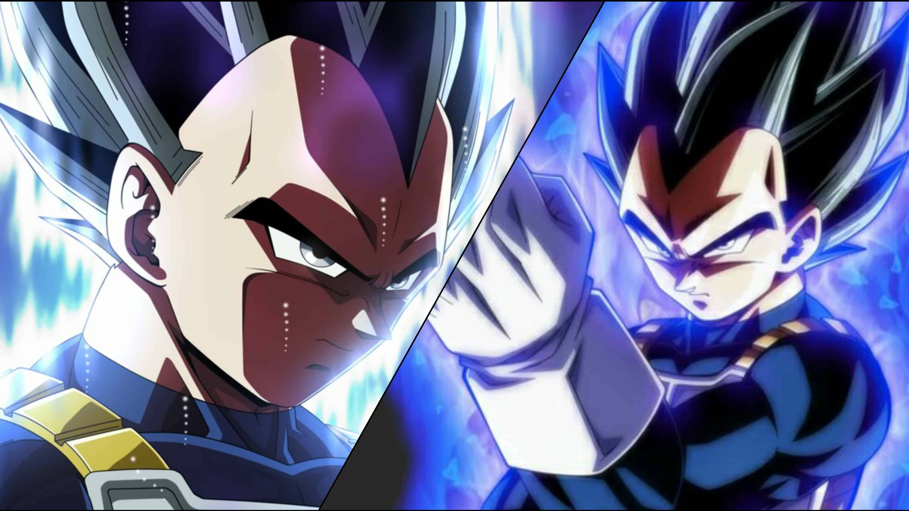Vegeta And Goku 桌布 壁紙 — 兩位激烈的動漫戰士在戲劇性的分屏戰鬥中對決，伴隨著發光的能量效果。