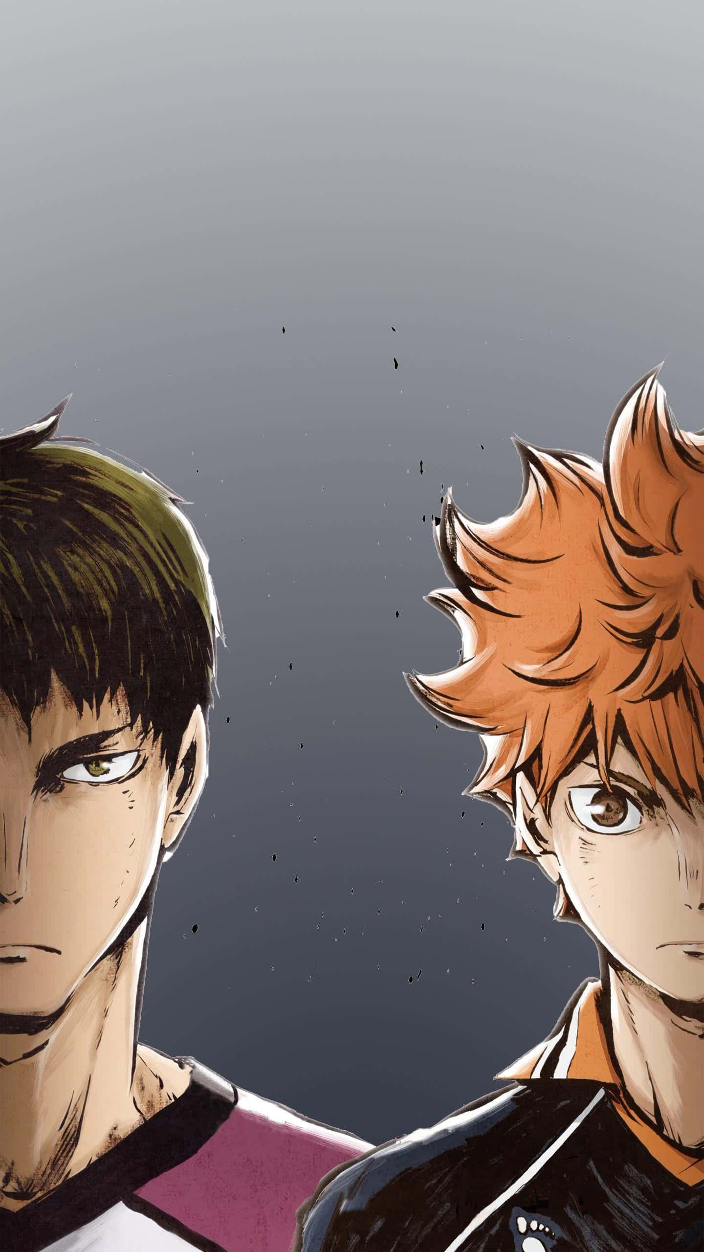 Ushijima Wakatoshi 桌布 壁紙 — 兩位激烈的動漫排球運動員在深灰色背景中對視，背景中漂浮著灰塵粒子。