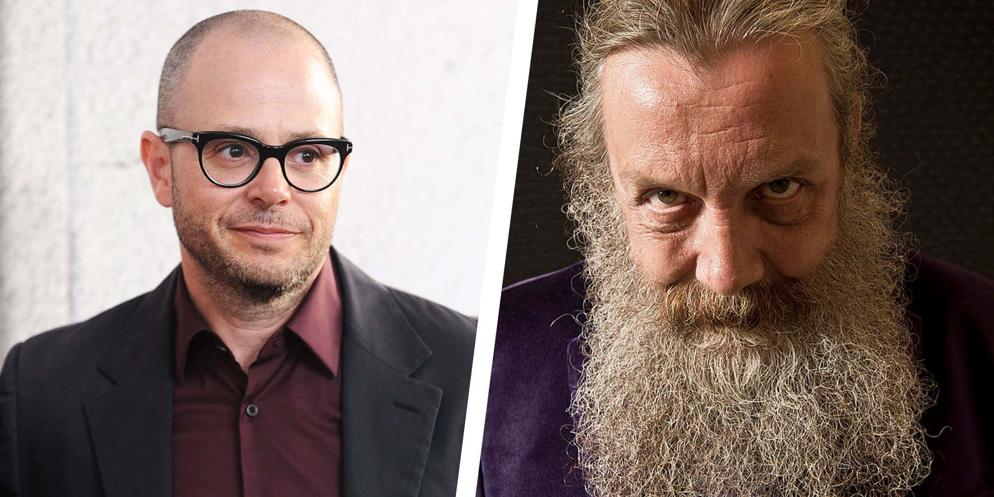 Alan Moore 桌布 壁紙 — 兩位男士的分割肖像，一位戴眼鏡且剃光頭，另一位留長鬍鬚且目光銳利。