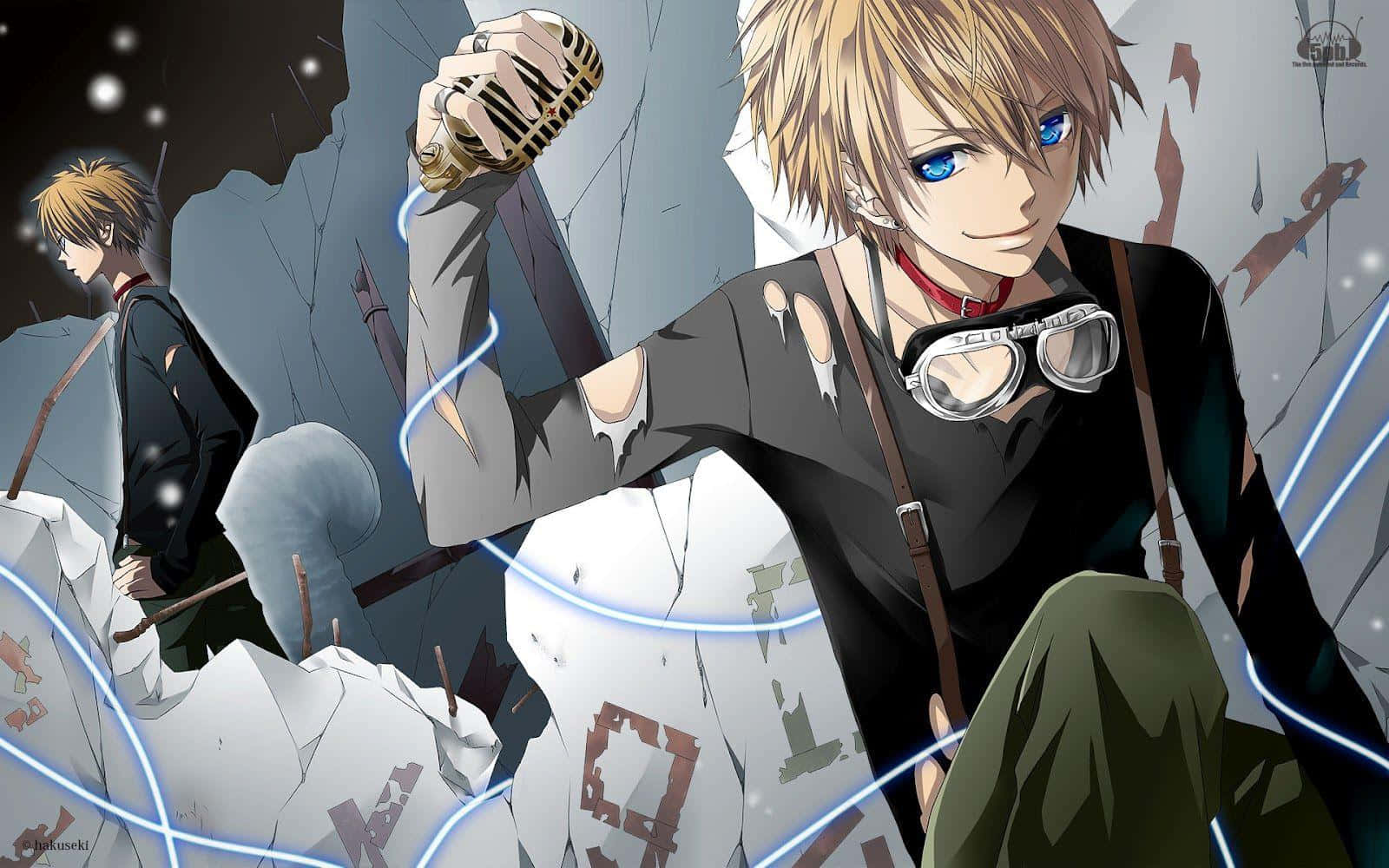 「兩位男子在溫柔時刻擁抱，展現愛在兩人之間的美麗」 壁紙 — 藍眼睛金髮的動漫男孩在破碎的碎片和發光的藍線中拿著麥克風。