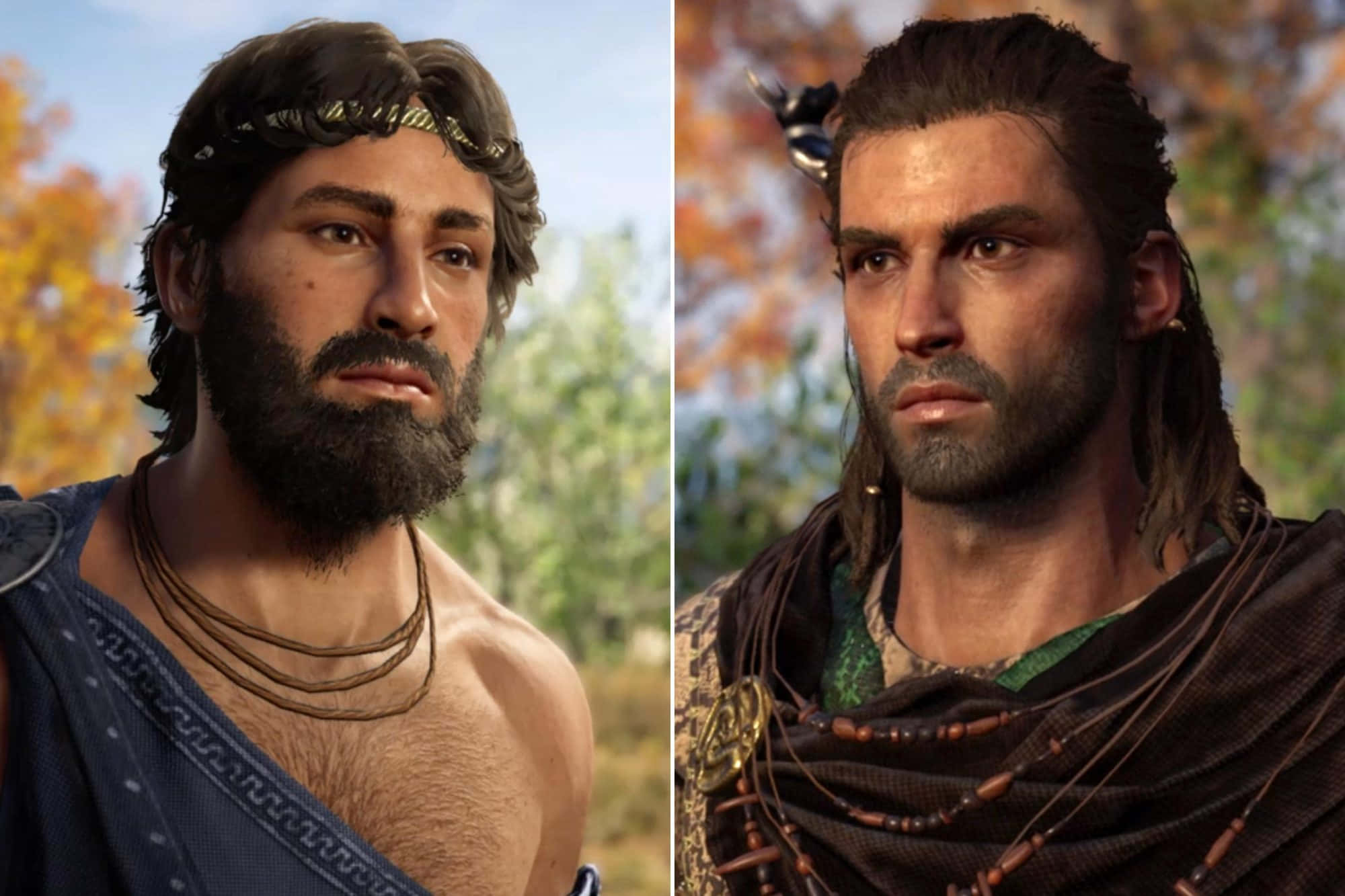 Assassin's Creed Alexios 桌布 壁紙 — 兩位留著鬍鬚、佩戴部落飾物的強壯古代戰士，在秋樹背景下並肩而立。