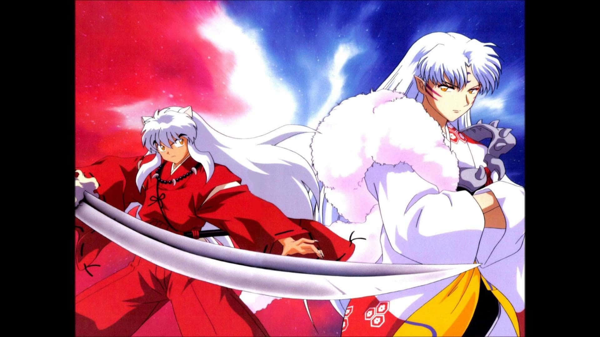 Inuyasha And Sesshomaru 桌布 壁紙 — 兩位白髮動漫戰士在鮮豔的紅藍宇宙天空下揮劍交鋒。