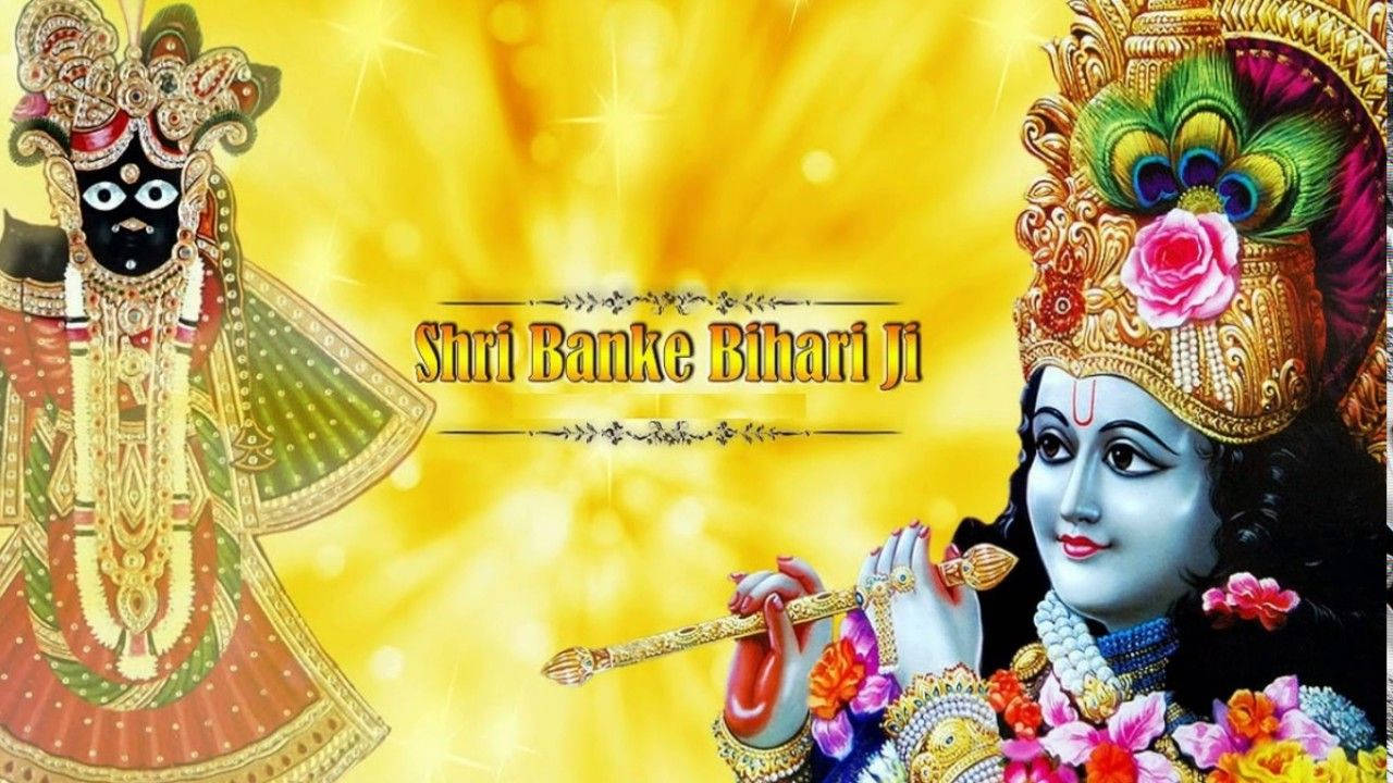 Krishna Flute 桌布 壁紙 — 兩位神聖的印度教神祇身著華麗的金色服飾和色彩繽紛的皇冠，站在閃爍光芒的耀眼黃色背景前。