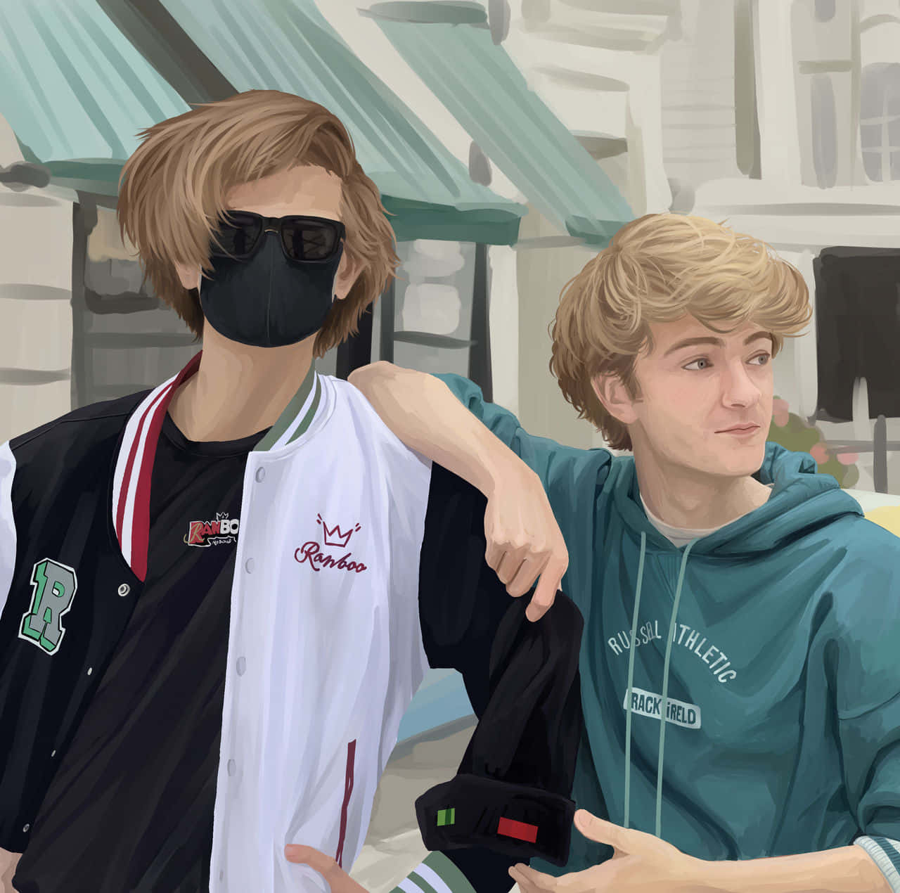 ranboo 桌布 壁紙 — 兩位穿著街頭服的年輕男子在行人路上緊密站立，一人戴著口罩和校隊外套，另一人穿著連帽衫，手臂搭在他的肩膀上。