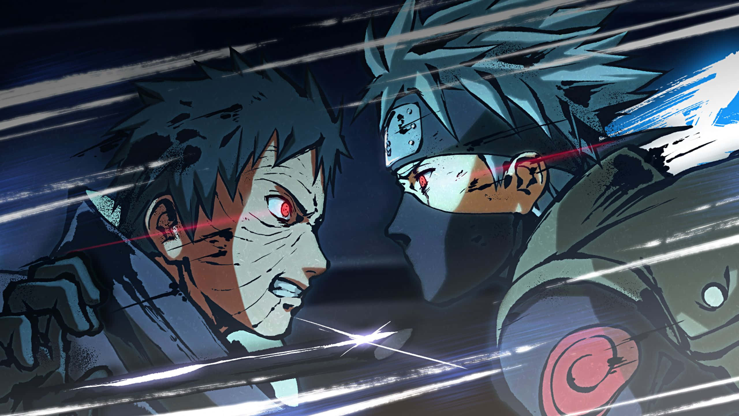 Kakashi And Tobi 桌布 壁紙 — 兩位紅眼動漫戰士在動態戰鬥場景中激烈碰撞，帶有流動線條和強烈表情。