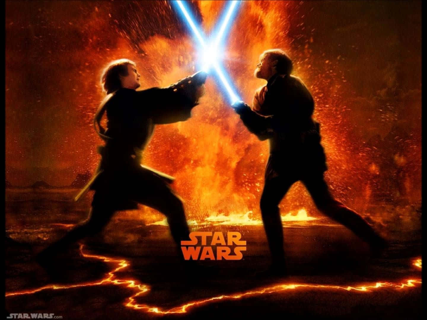 Mustafar 桌布 壁紙 — 兩位絕地武士在熾熱的熔岩和發光的裂縫中，以藍色光劍決鬥，構成戲劇性的星際大戰戰鬥場景。