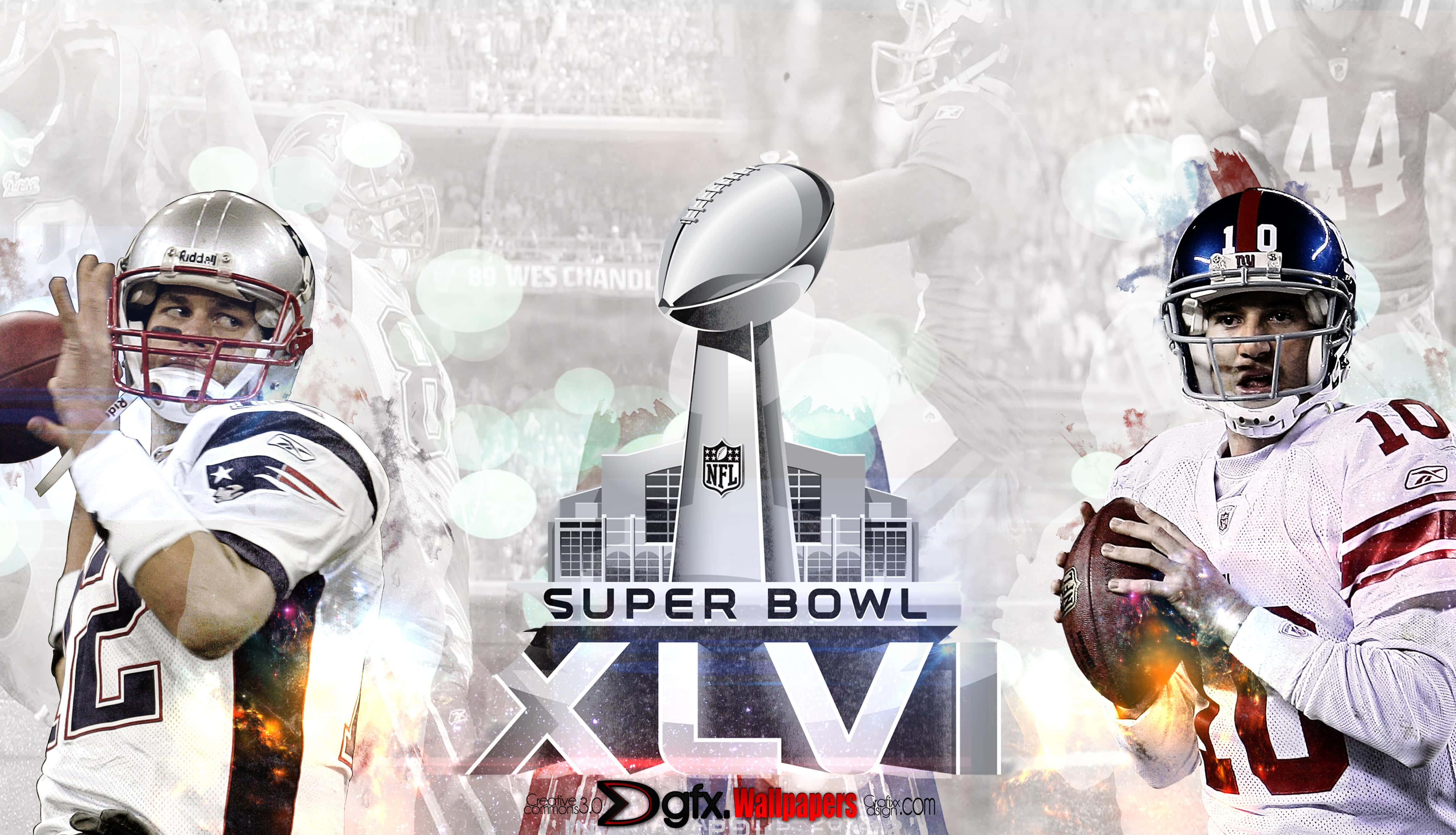 Super Bowl 桌布 壁紙 — 兩位美式足球四分衛在球場觀眾背景下，夾著超級碗獎盃的動作場面。