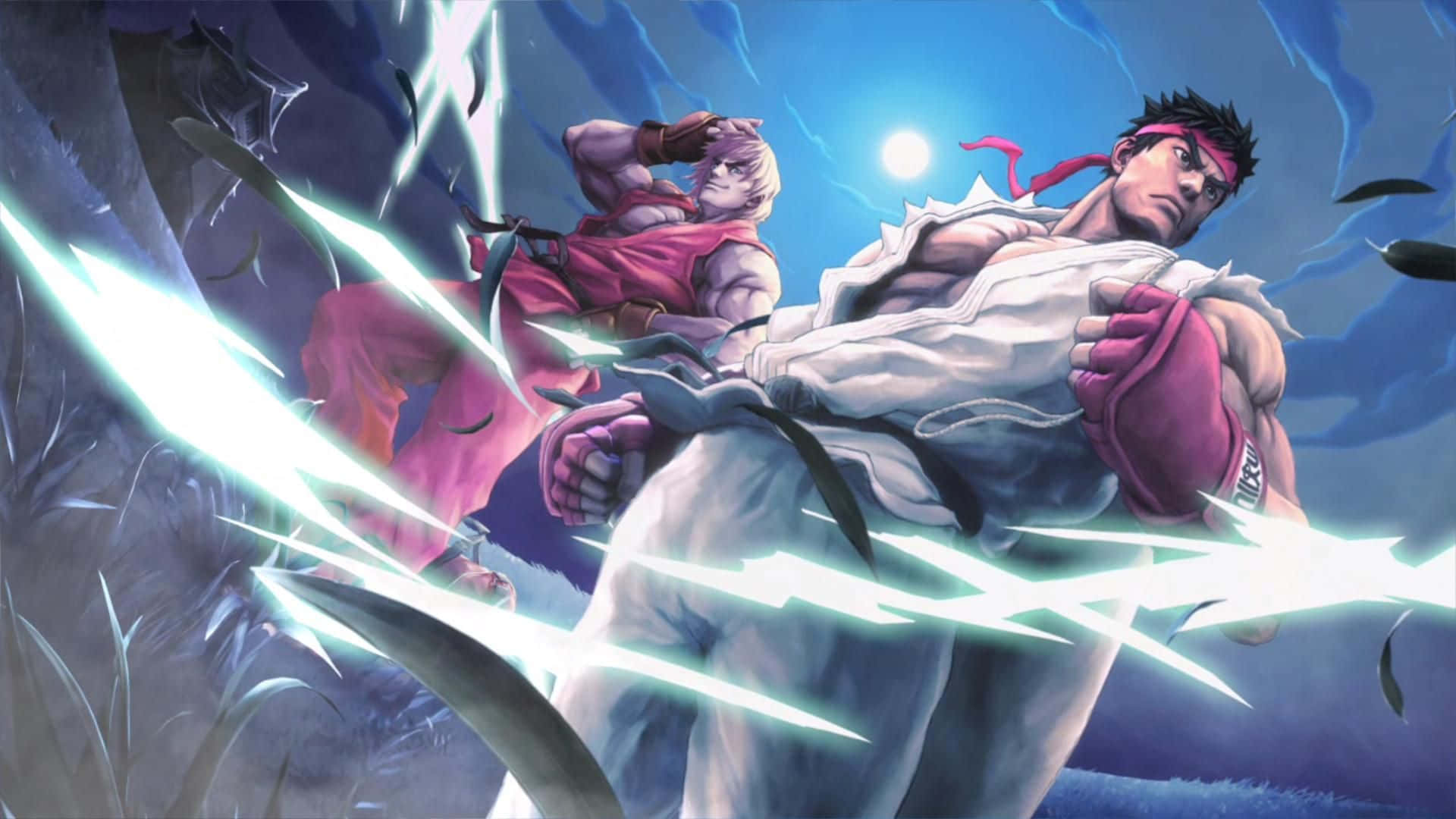 Tekken Characters 桌布 壁紙 — 兩位肌肉發達的動漫戰士在月光下以發光的能量斬擊進行激烈碰撞的動態戰鬥。
