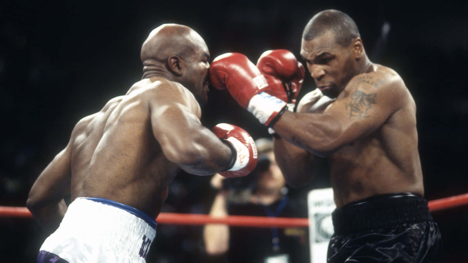 mike tyson 桌布 壁紙 — 兩位肌肉發達的拳擊手在明亮的燈光下，戴著紅色手套，神情專注，在緊張的擂台上交鋒。